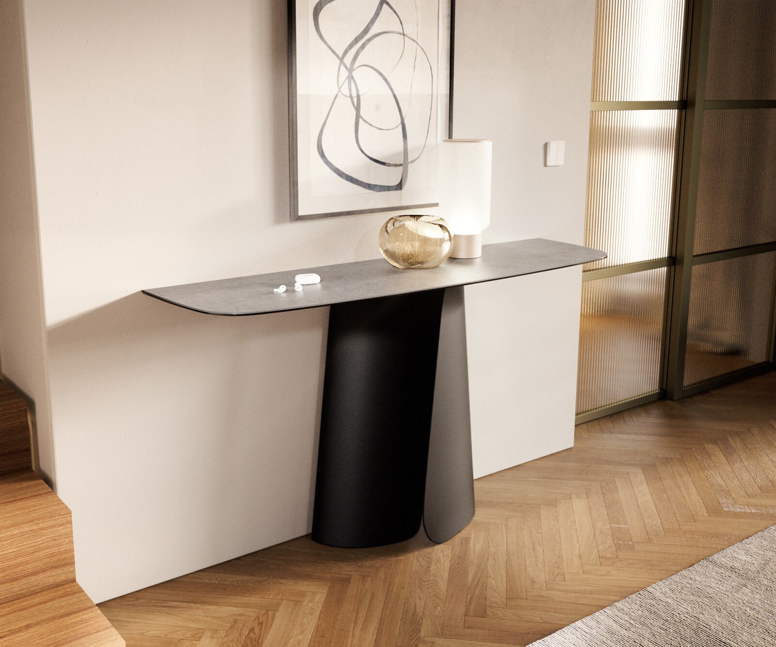 Consoletafel Edge Bootvorm 140x40 cm Keramiek Betongrijs Livos Metaal Zwart