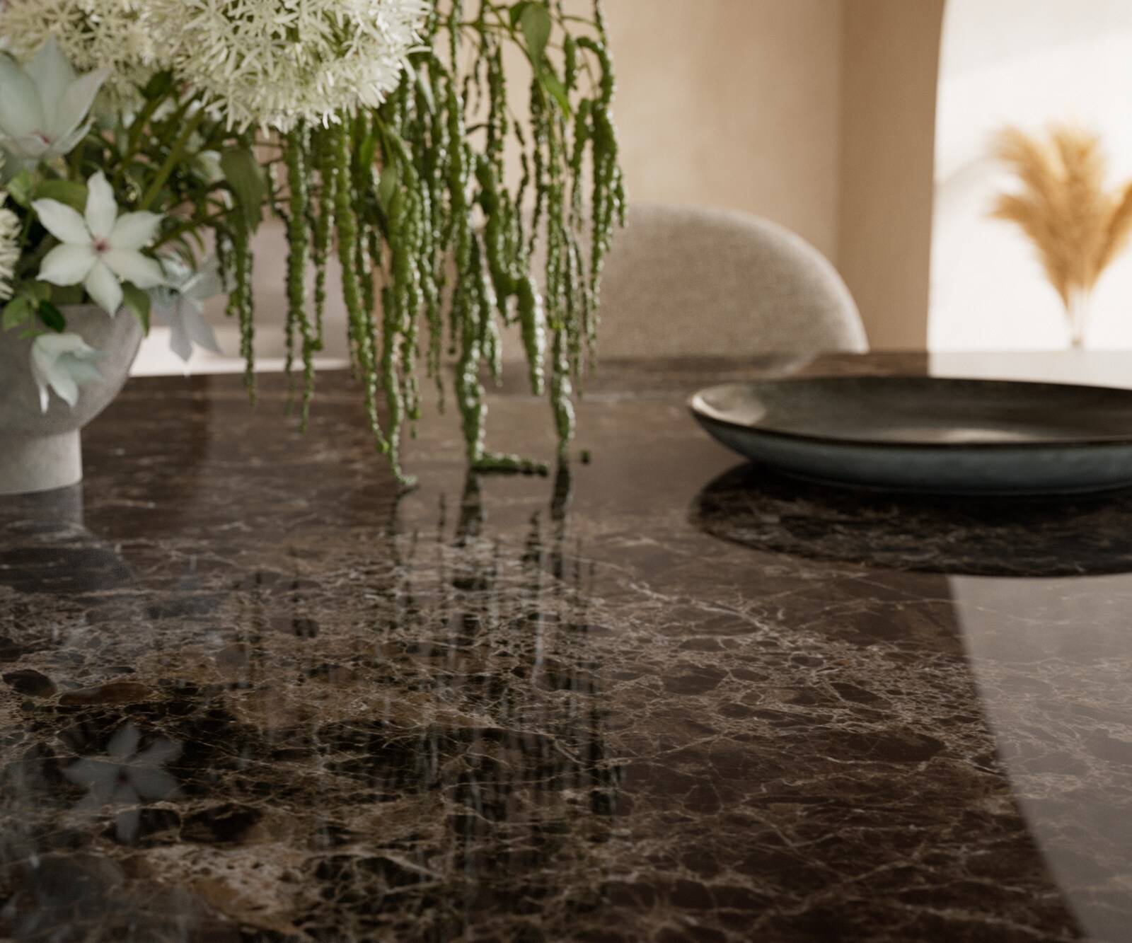 Eettafel Edge Oval 220x120 keramiek  Laminam® Emperador Extra Lucidato donkerbruin W-frame metaal effectafwerking Titan 6