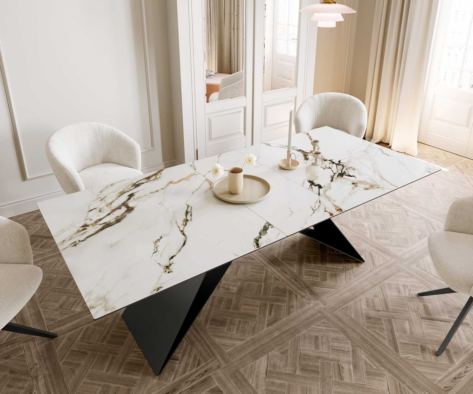 Eetkamertafel Edge 180-220x100 keramiek Calacatta Luxe wit-goud-grijs V-frame vlak staal zwart uitschuifbaar 6 Eetkamertafel Edge 180-220x100 keramiek Calacatta Luxe wit-goud-grijs V-frame vlak staal zwart uitschuifbaar 6