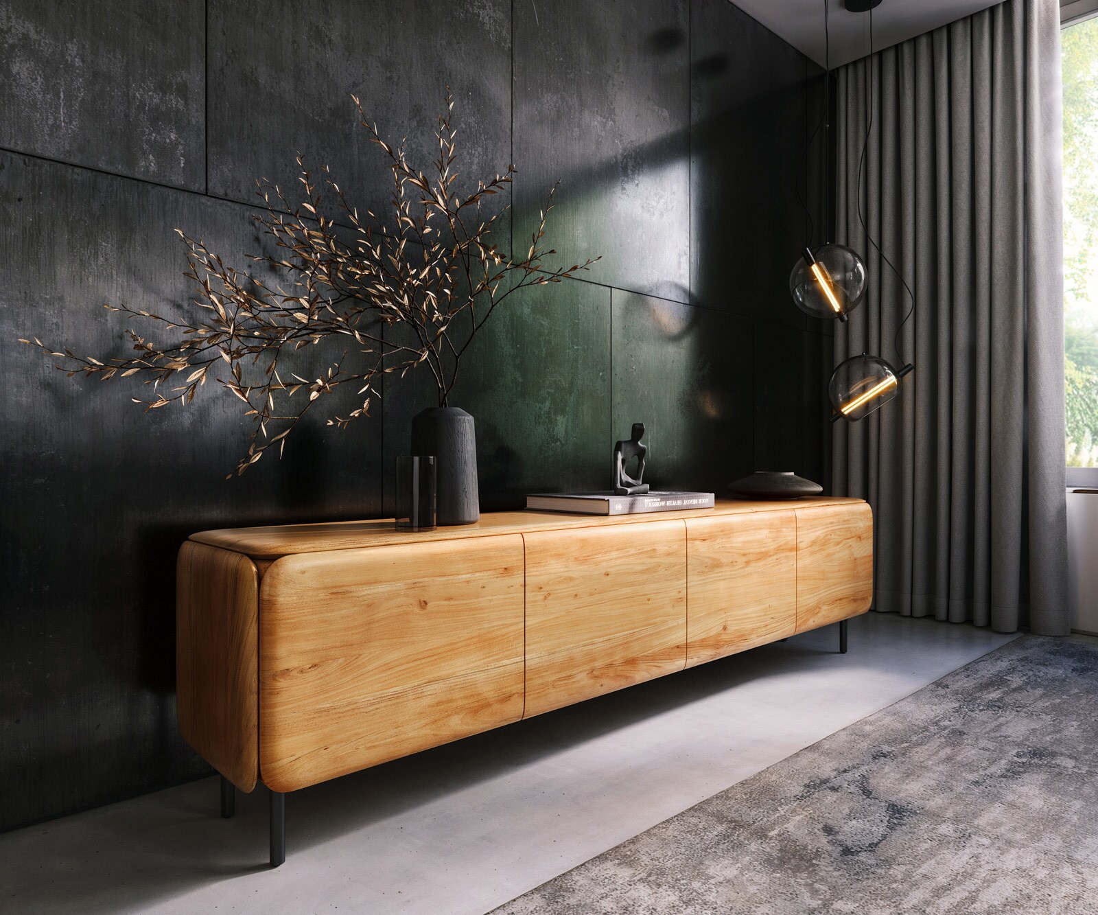 TV-meubel Shavani 220 cm acacia natuur 4 deuren ronde voet metaal zwart