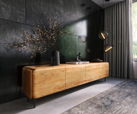 TV-meubel Shavani 220 cm acacia natuur 4 deuren ronde voet metaal zwart