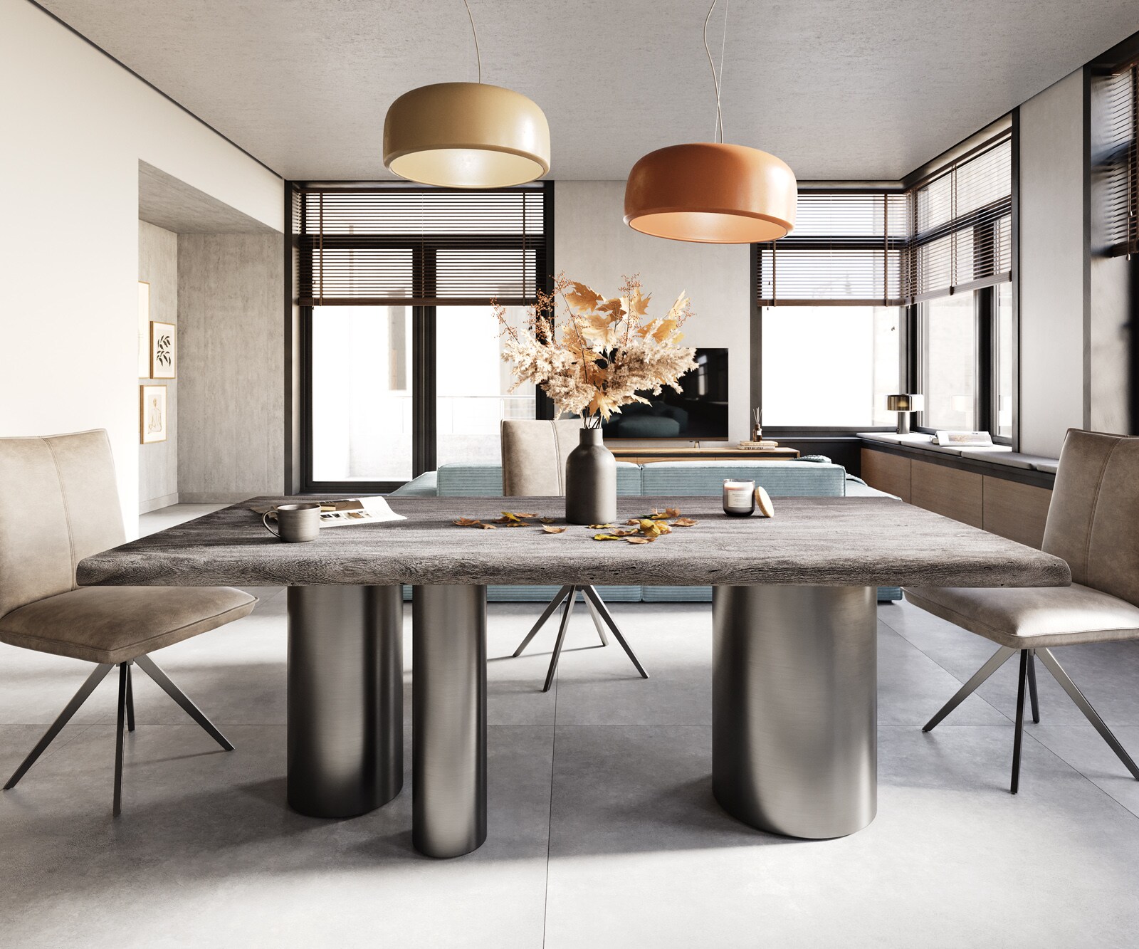 Eetkamertafel Edge 200x100 XL acacia platina Troa roestvrij staal grafiet Live-Edge 2