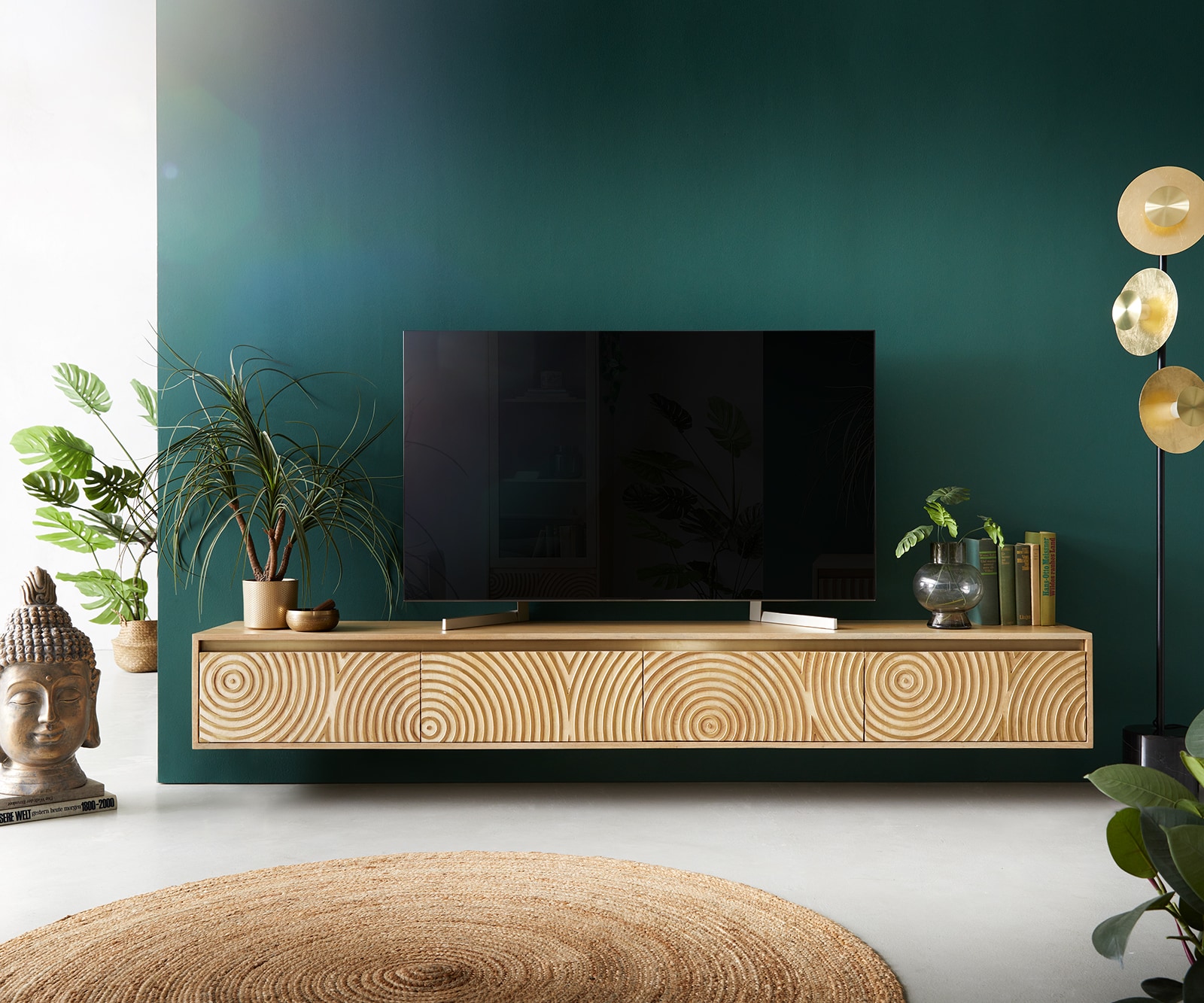 Tv-meubel Budaya 220 cm mango natuur 4 deurs zwevend 1 Tv-meubel Budaya 220 cm mango natuur 4 deurs zwevend 1
