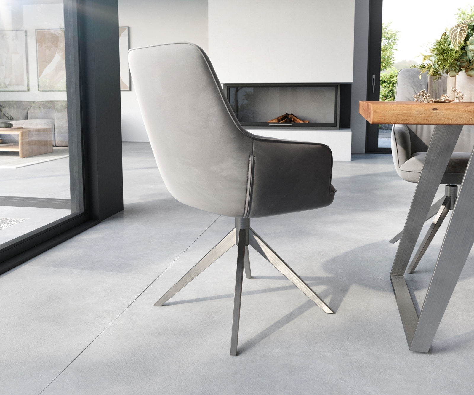 Eetkamerstoel Zelia-Flex met armleuning fluweel grijs kruisframe breed roestvrij staal pocketveer kern 4 Eetkamerstoel Zelia-Flex met armleuning fluweel grijs kruisframe breed roestvrij staal pocketveer kern 4