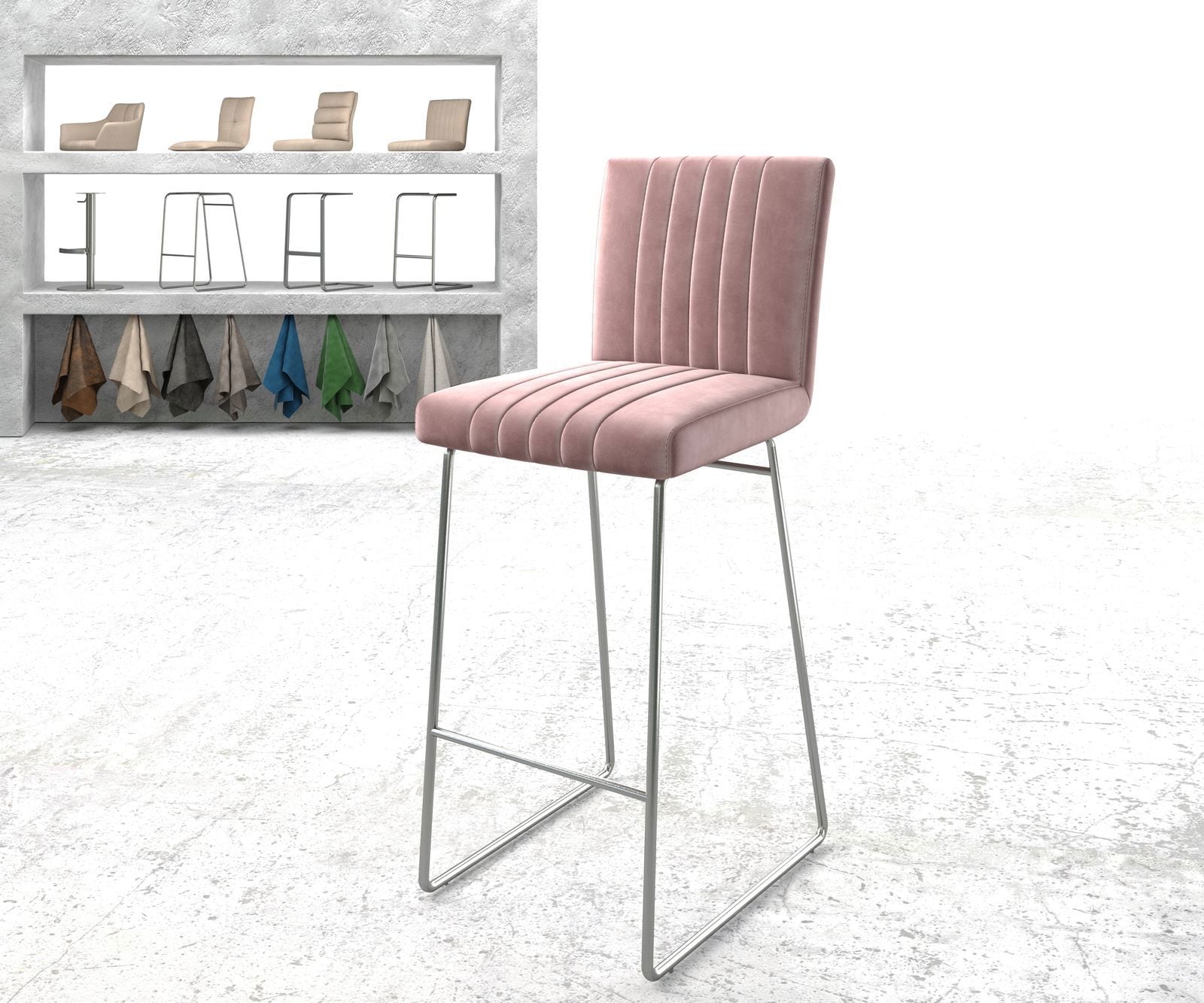 Barstoel Luiga-Flex fluweel rosé slipframe roestvrij staal Barstoel Luiga-Flex fluweel rosé slipframe roestvrij staal