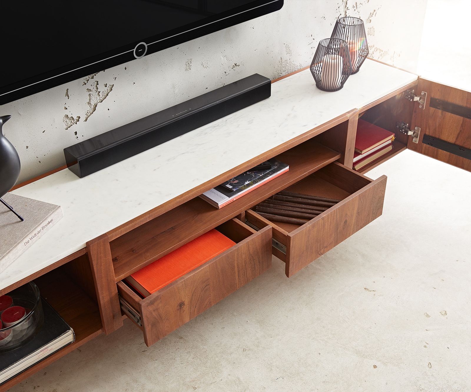 TV-meubel Secara 200 cm acacia bruin 2 deuren 2 laden marmer zwevend 4 TV-meubel Secara 200 cm acacia bruin 2 deuren 2 laden marmer zwevend 4