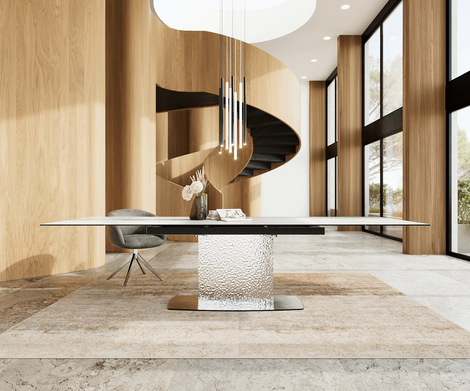 Eetkamertafel Edge 200-300x100 keramiek Laminam®Statuarietto Weiß Wave RVS uitschuifbaar 1