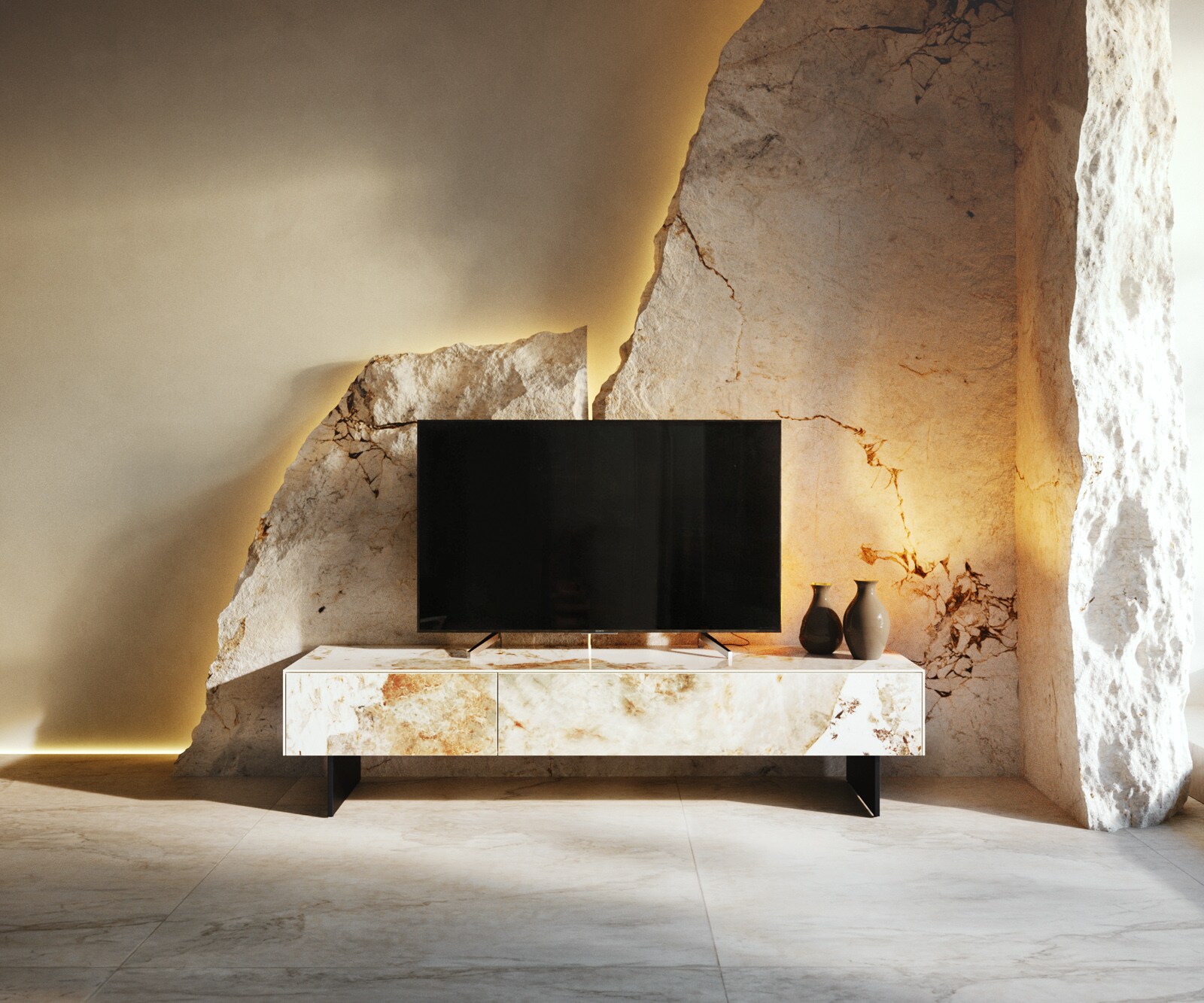 Tv-meubel Cuor 150 cm Keramiek Minas Melange Wit-beige 1 Flap 1 Lade Zwevende voet look Metaal Zwart