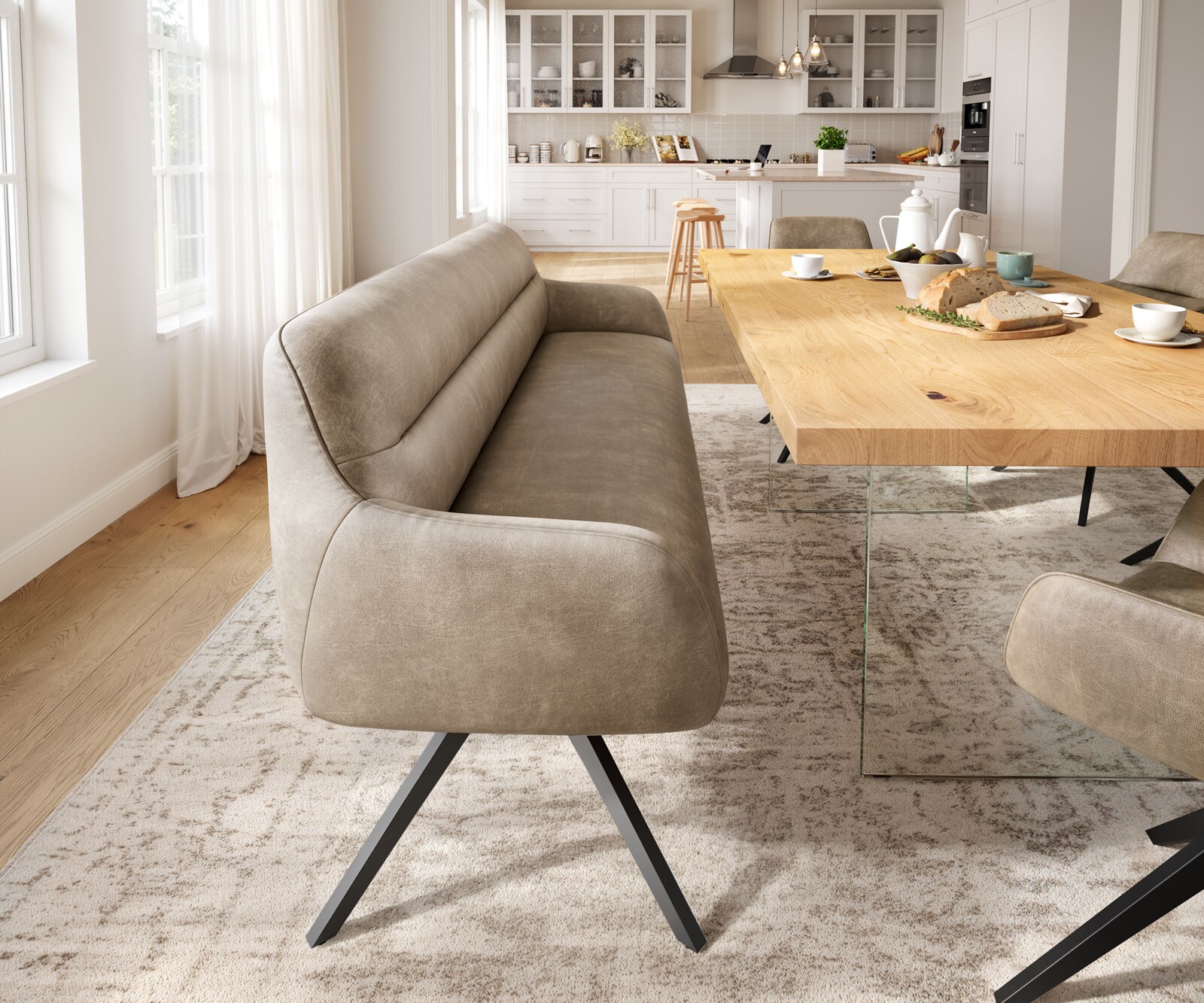 Eetkamerbank Taya-Flex 200 cm microvelours beige vintage hoekig kruisframe zwart pocketvering 1