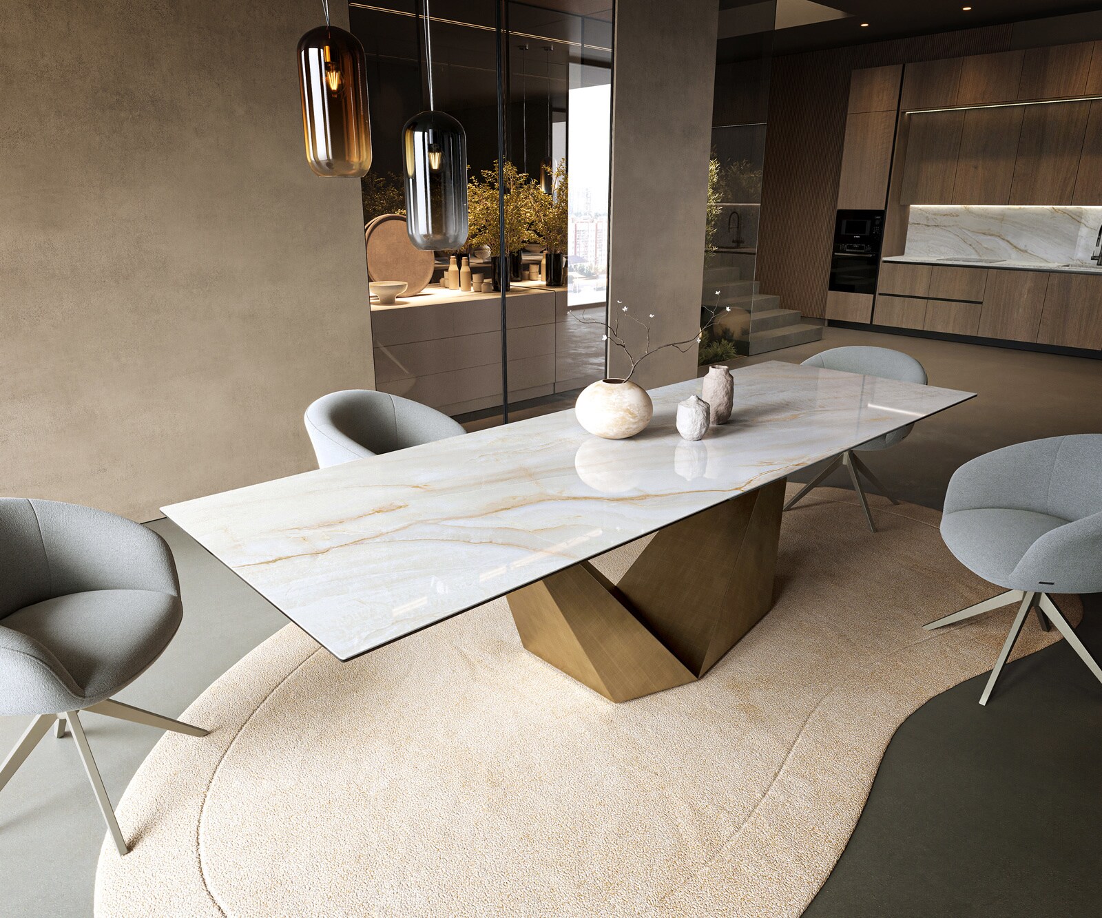 Eettafel Edge 300x100 cm keramiek Onyx Pearl Prisma metallic goud 1