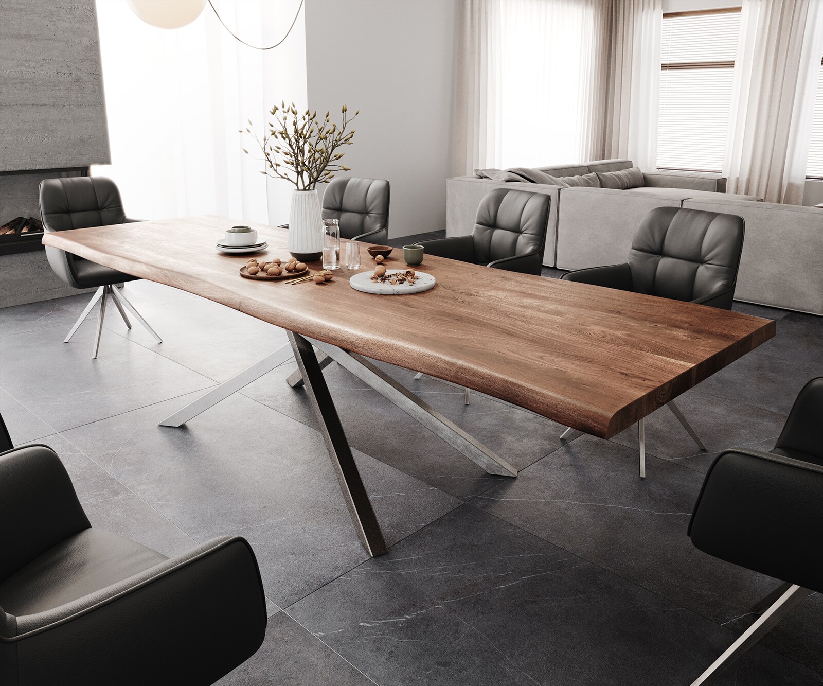 Eettafel Edge 300x100 XL acacia bruin Kreuzframe rechthoek edelstaal Live-Edge 1