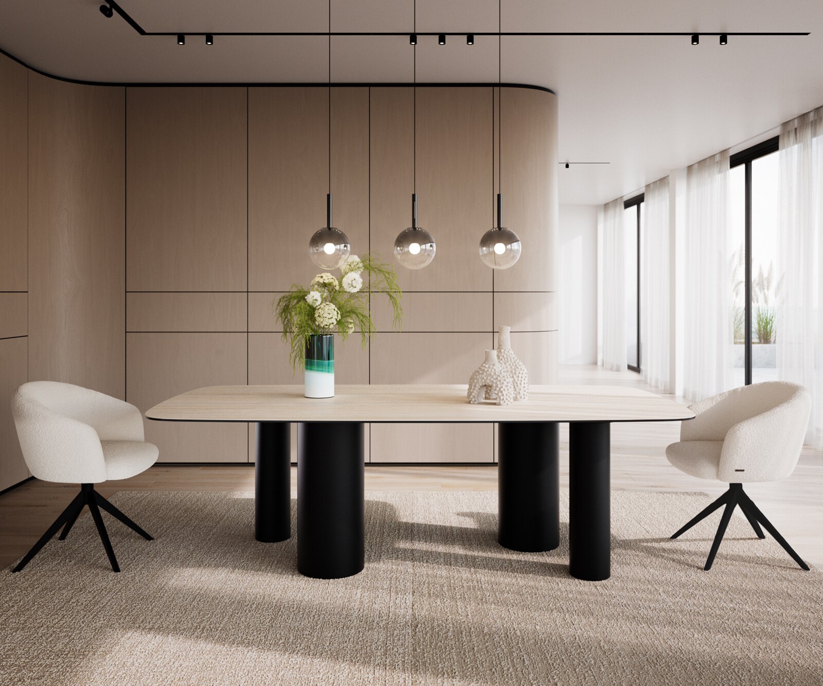 Eetkamertafel Edge Boot 240x120 cm Keramiek Travertin Natuur Pilier Metaal Zwart 2