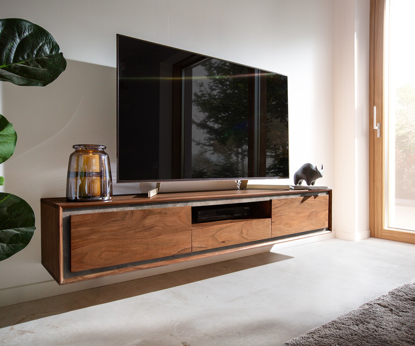 Tv-meubel Stonegrace 175 cm acacia bruin steenfineer 2 deuren 1 lade 1 legplank zwevend