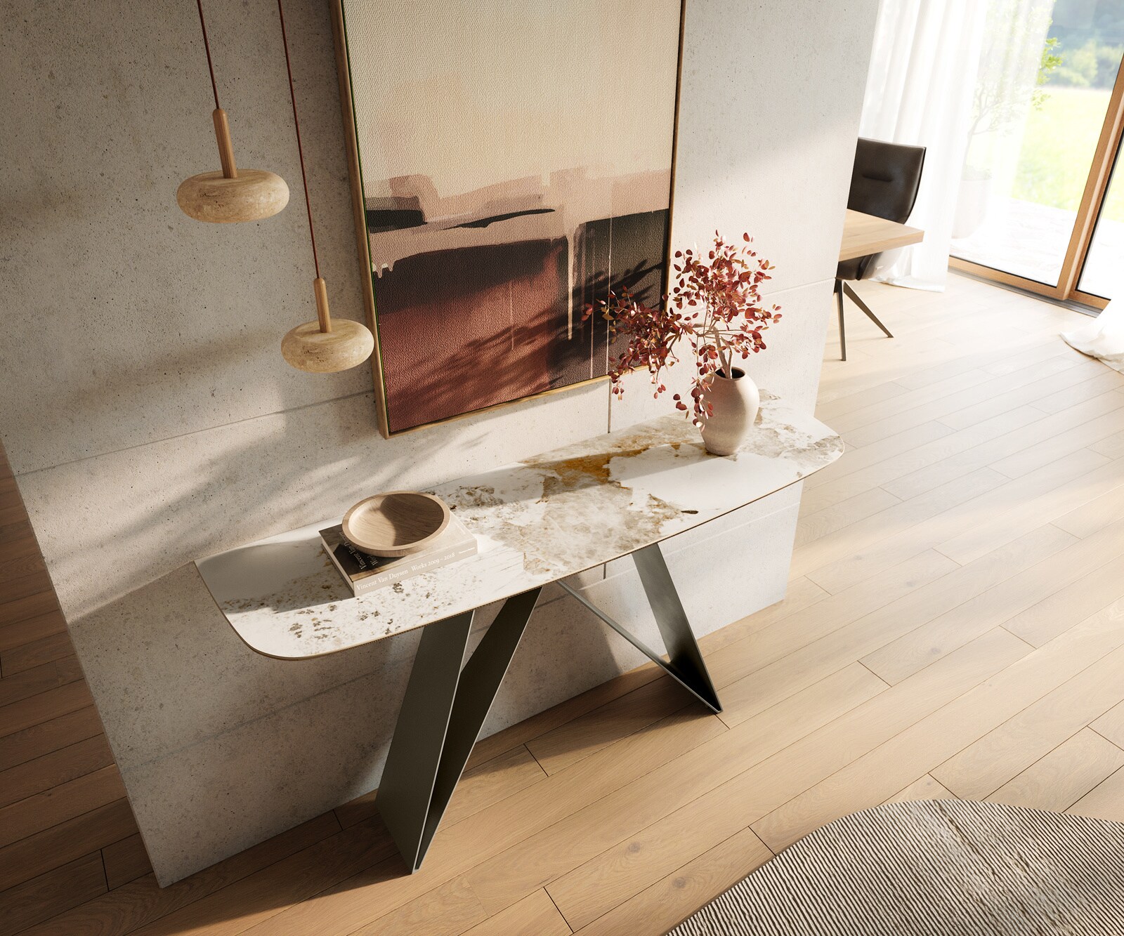 Consoletafel Edge Bootvorm 140x40 cm Keramiek Minas Melange Weiß-Beige Velio Metaal Effektfinish Titan 2