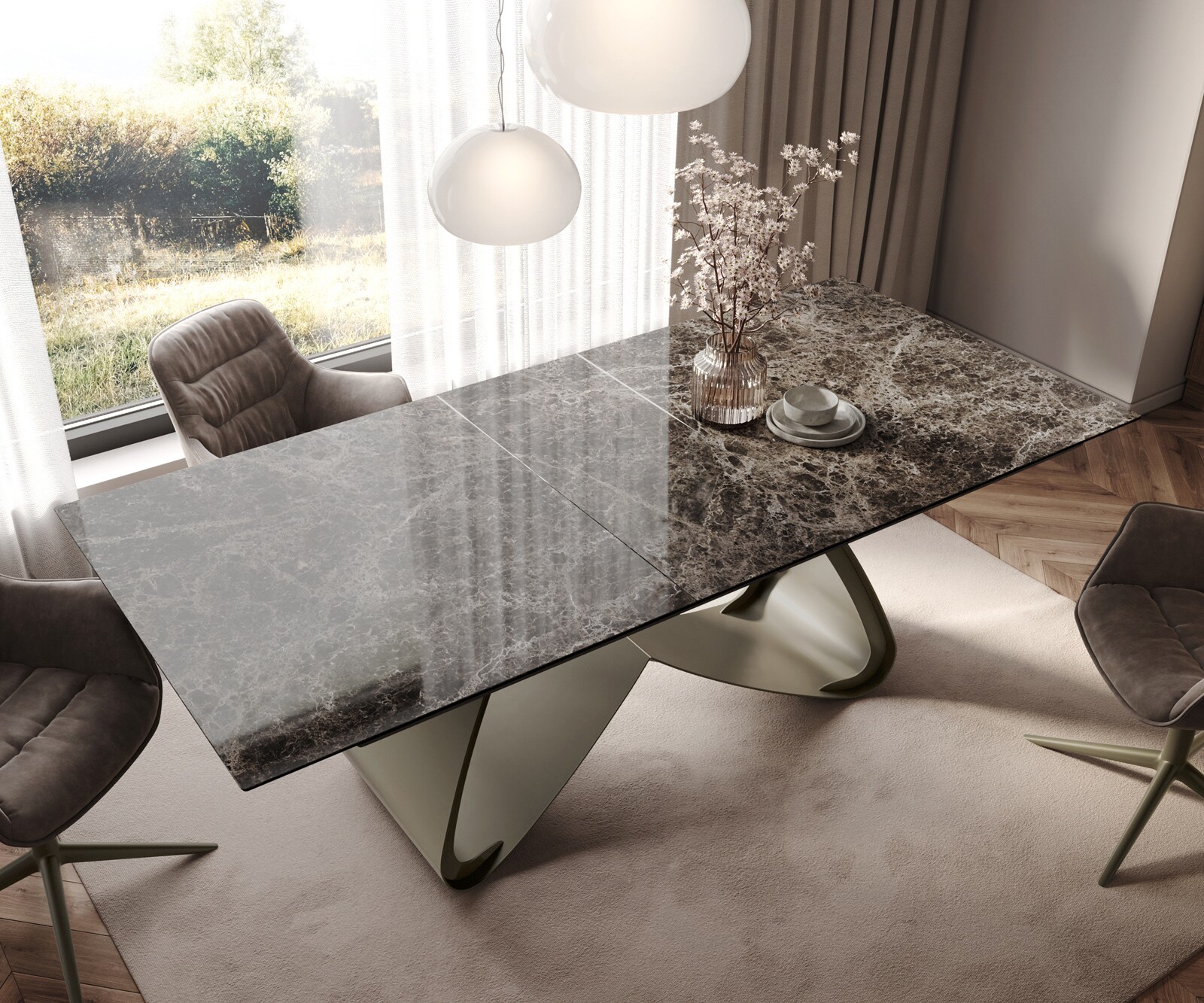 Eettafel Edge Keramiek Emperador Extra Lucidato Donkerbruin 180-220x100 W-onderstel effectafwerking Titanium uitschuifbaar 4