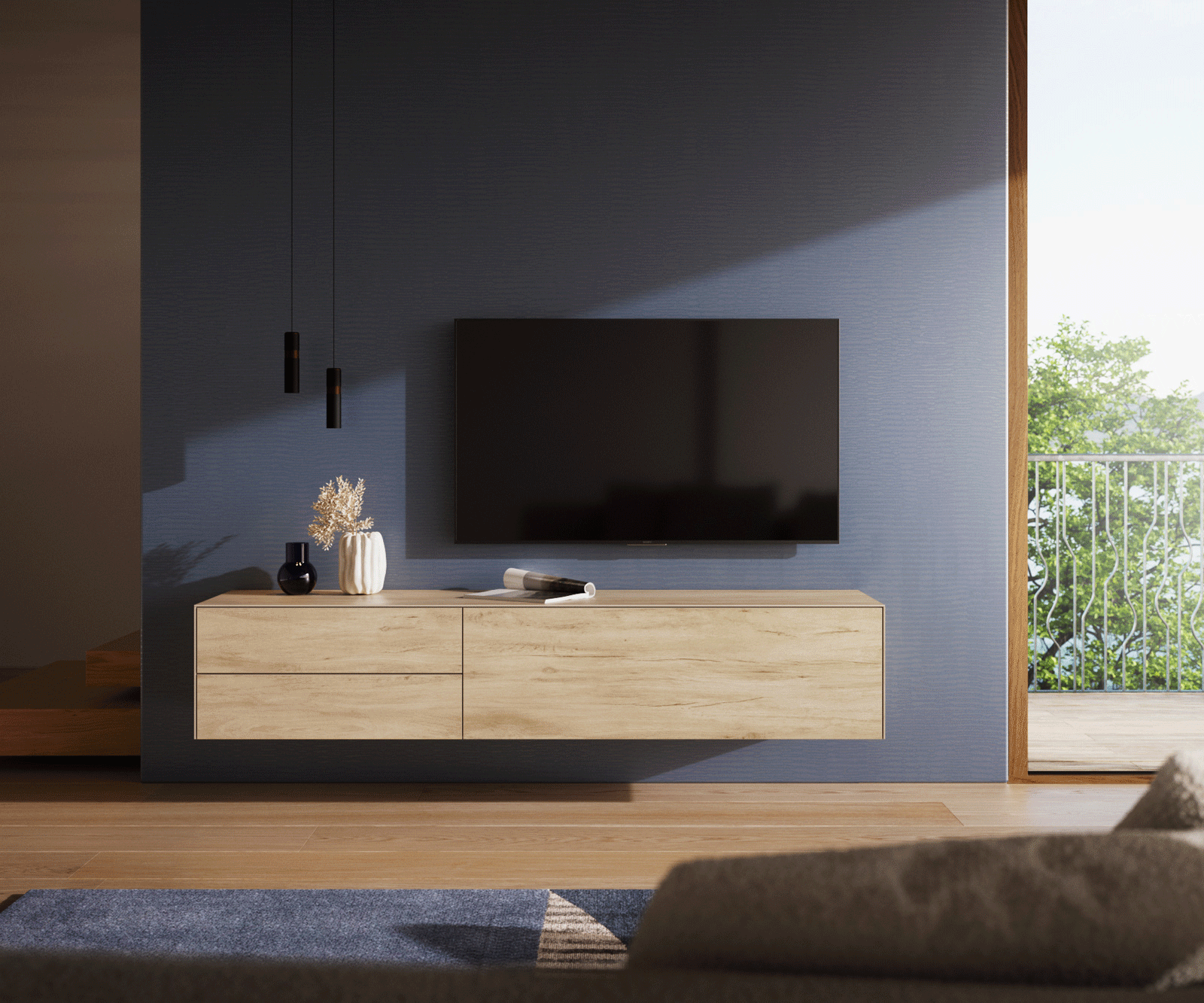 Tv-meubel Cuor 180 cm Keramiek Laminam® Sabbia Eiken gekleurd 1 Flap 2 Laden Zwevend 1