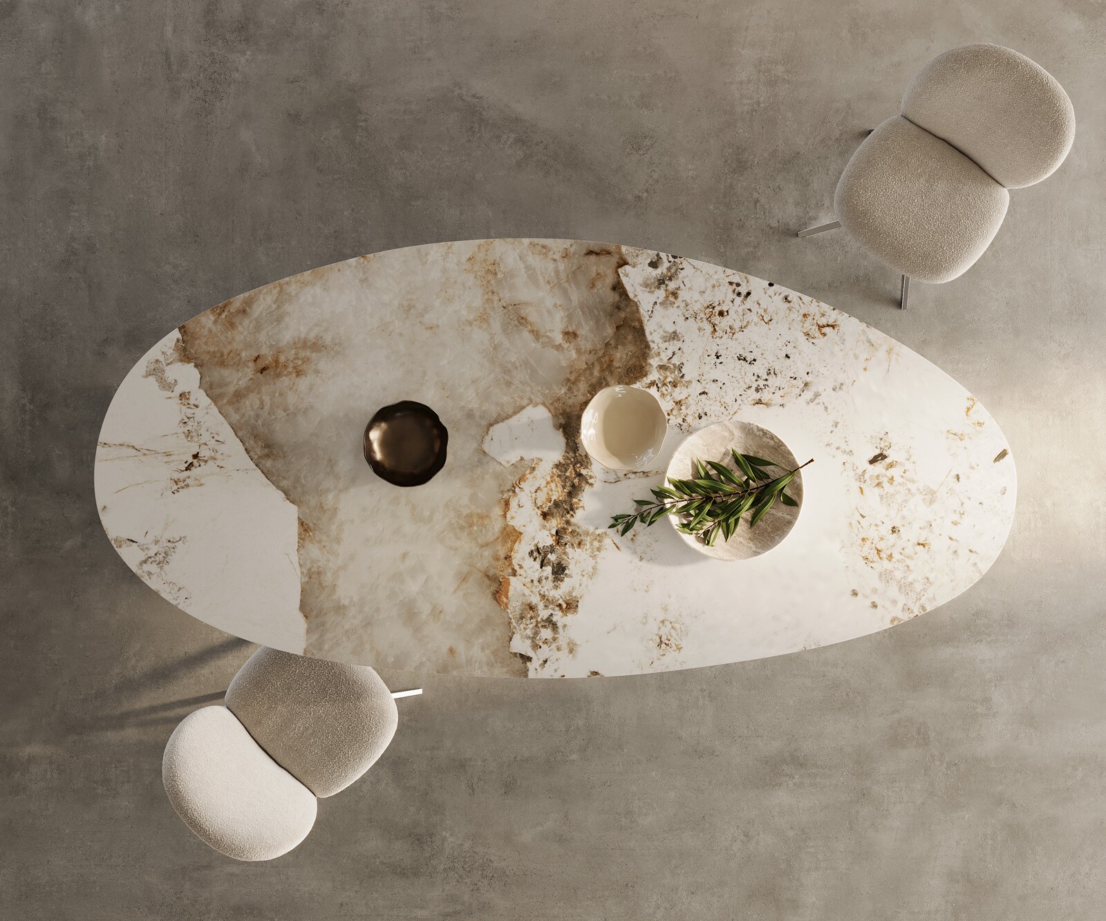 Eetkamertafel Edge ovaal 280x130 keramiek Minas Melange wit-Beige Zenthara hoekig roestvrij staal 6