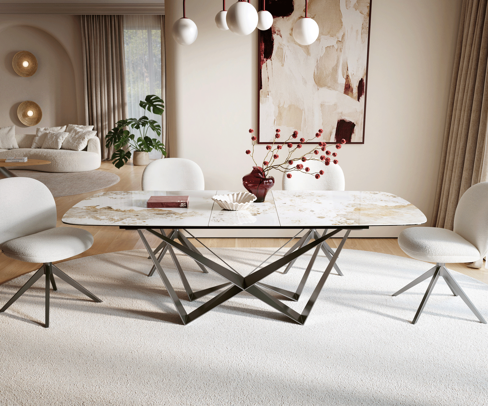 Eettafel Edge Boot 180-220x100 cm Keramiek Minas Melange Wit-Beige Spider Flachstahl Roestvrij staal Grafiet uitschuifbaar 2