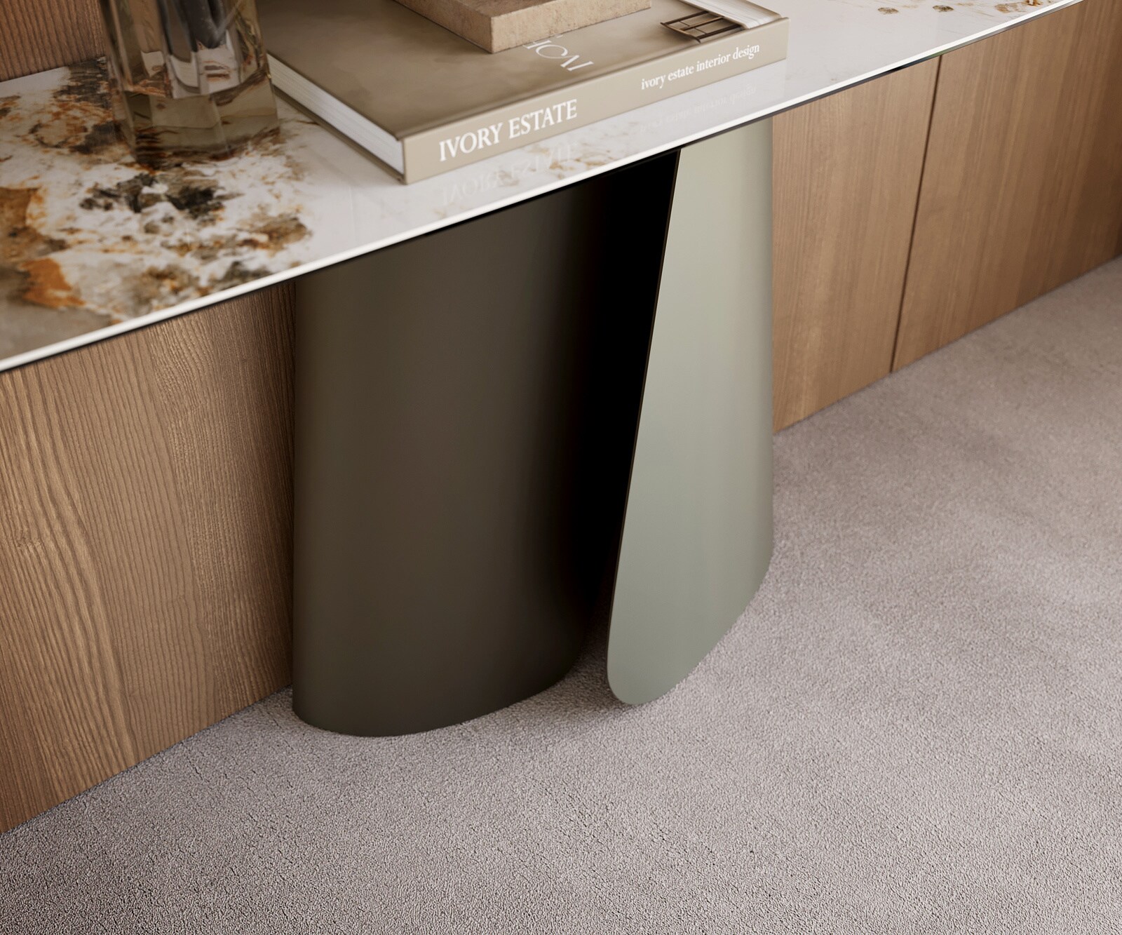 Consoletafel Edge Bootvorm 180x40 cm Keramiek Minas Melange Weiß-Beige Livos Metaal Effektfinish Titan 6