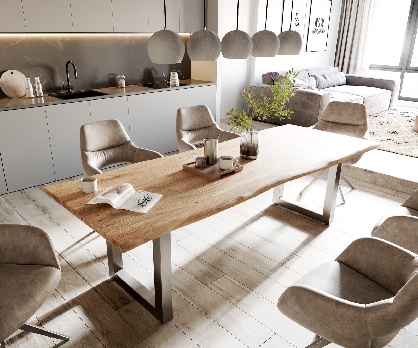 Eettafel Edge 260x100 acacia natuur roestvrijstaal breed Live-Edge 1