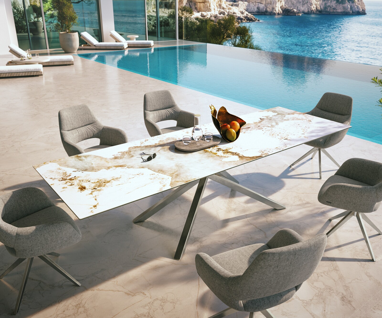 Outdoortafel Edge 300x100 cm keramiek Minas Melange wit-beige kruispoot rechthoekig roestvrij staal 4