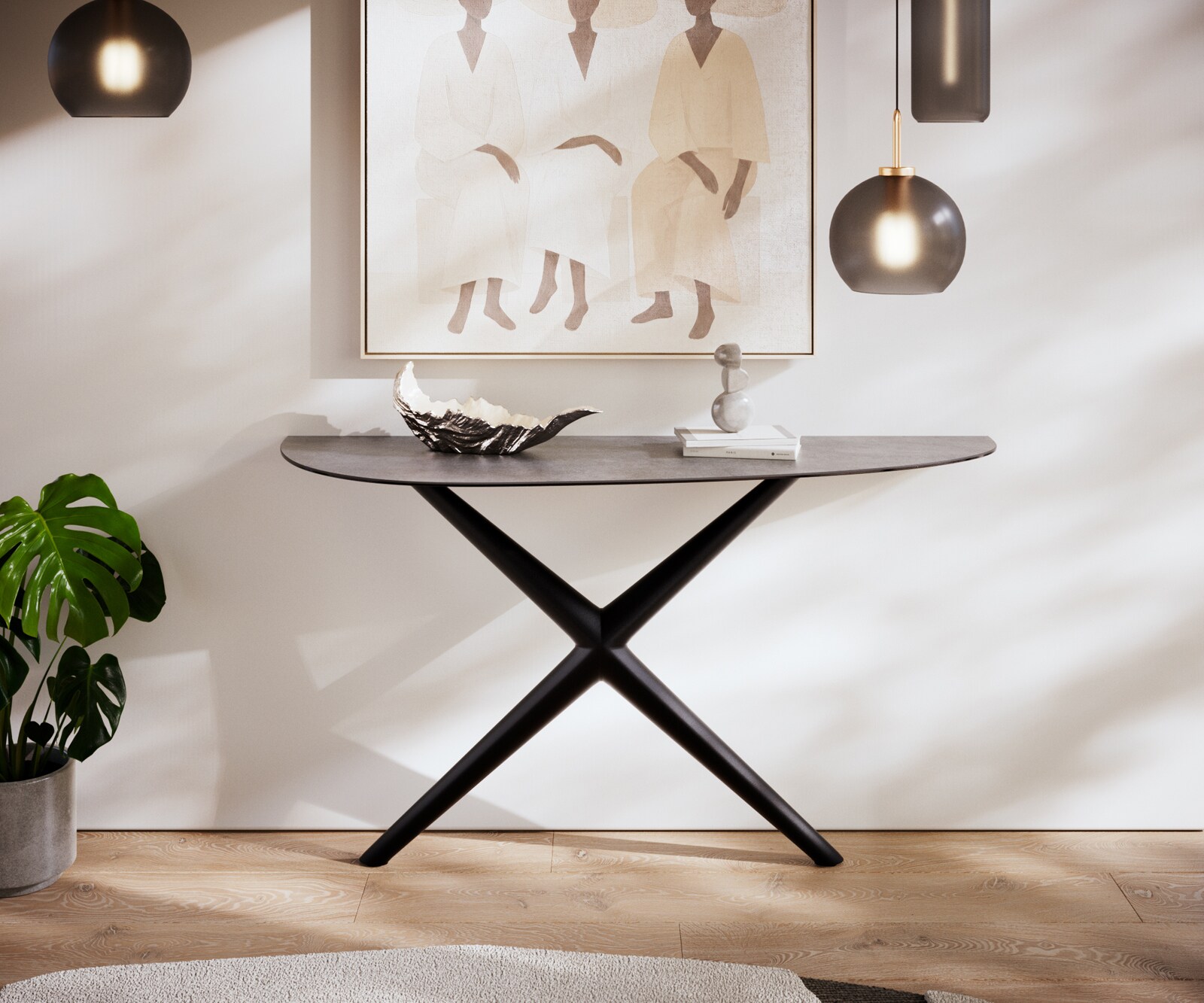 Consoletafel Edge Oval 140x40 cm Keramiek Beton Grijs Estelo Metaal Zwart 1