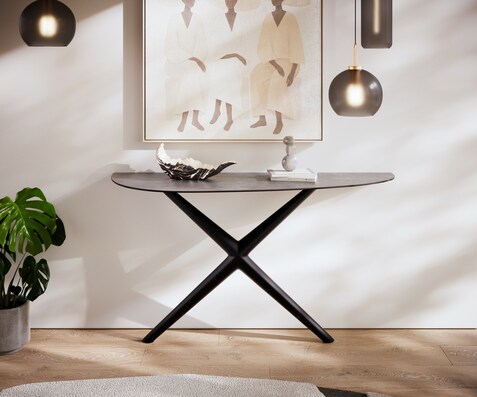 Consoletafel Edge Oval 140x40 cm Keramiek Beton Grijs Estelo Metaal Zwart