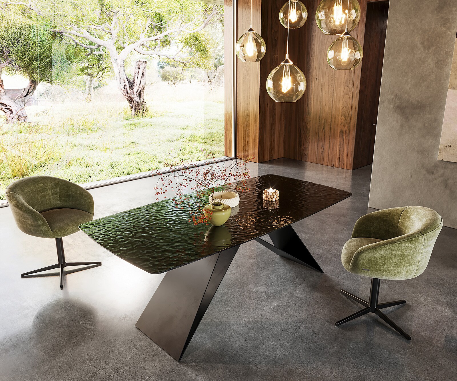 Eetkamertafel Edge Boot 200x100 Glas smelten rokerig zwart 3D-Relief V-frame vlak staal zwart