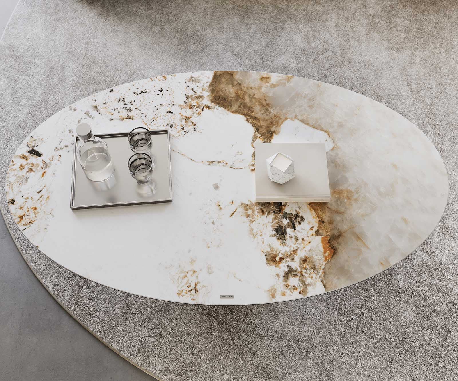 Salontafel Casilda 150x90 cm keramiek Minas Melange wit-beige middenpoot titaniumeffect 4 Salontafel Casilda 150x90 cm keramiek Minas Melange wit-beige middenpoot titaniumeffect 4