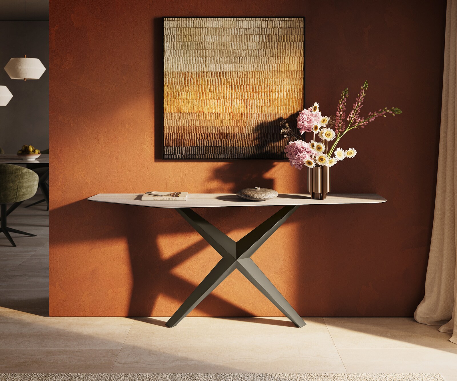 Consoletafel Edge Polygonaal 180x50 cm Keramiek Laminam® Travertino Bianco Creme-Weiß Zentharo Metaal Effektfinish Titan 1