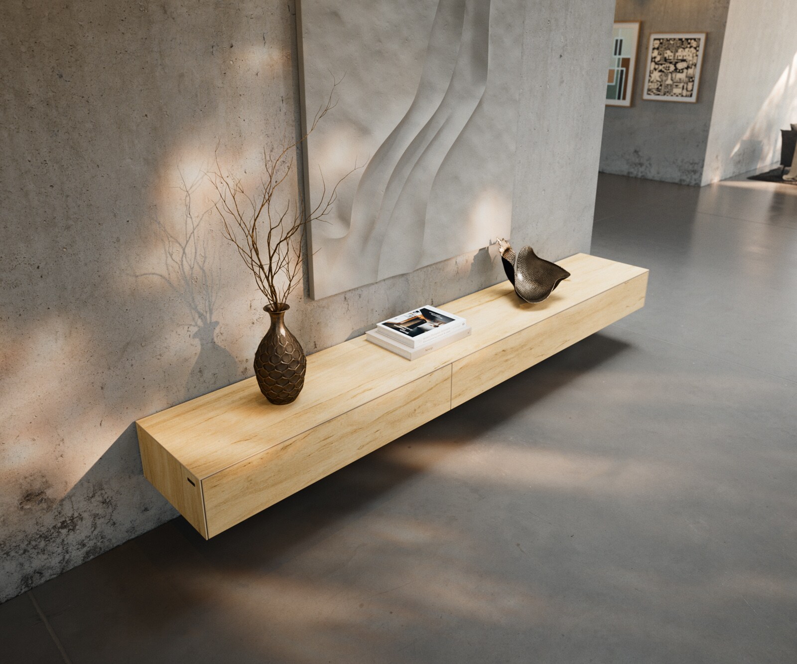 Tv-meubel Cuor 250 cm Keramiek Laminam® Sabbia Eiken gekleurd 1 Flap 1 Lade Zwevend 4