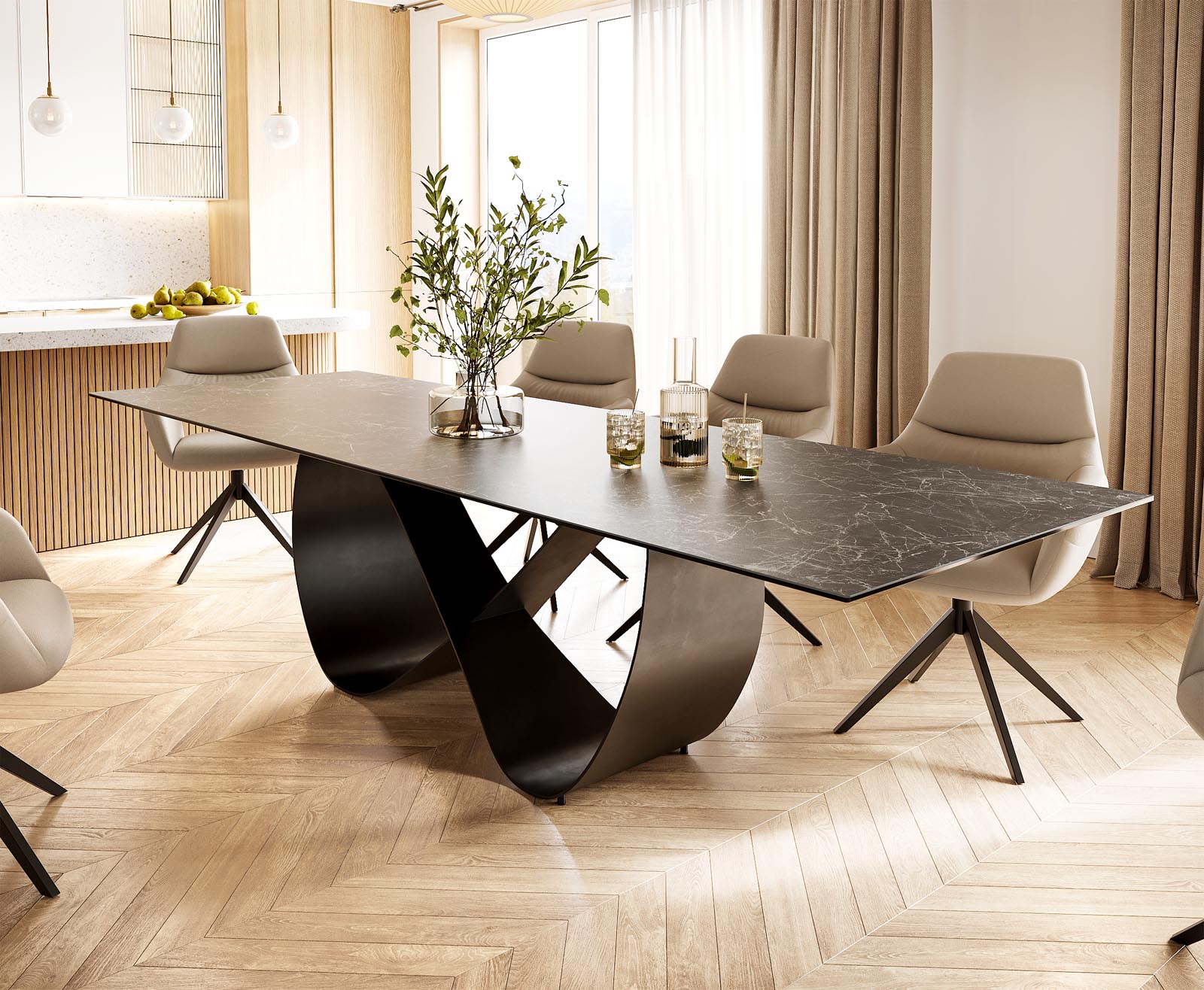 Eettafel Edge 300x100 Keramiek Laminam® Nero Greco Antraciet Infinity Metaal Zwart