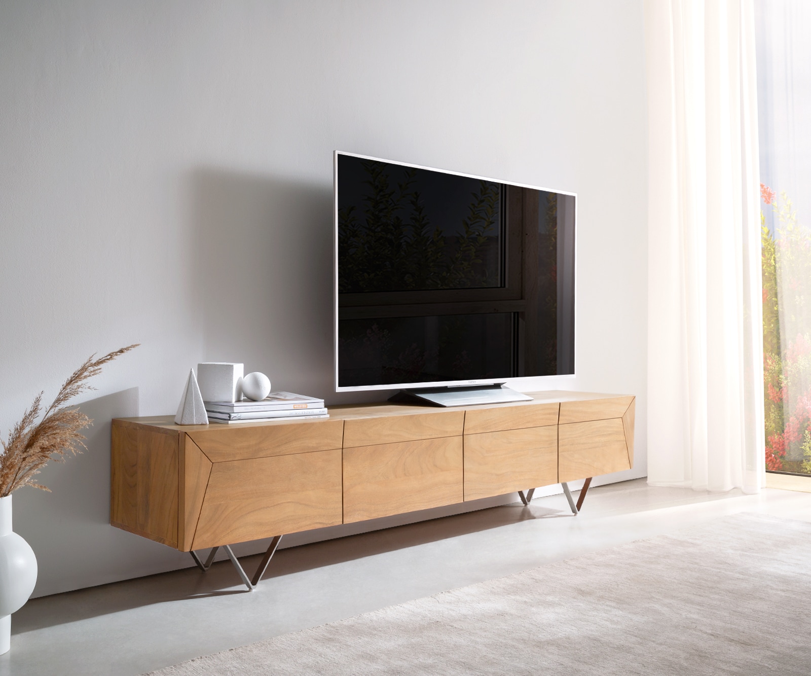 Tv-meubel Kayu 200 cm acacia natuur 4 deuren V-poot Tv-meubel Kayu 200 cm acacia natuur 4 deuren V-poot