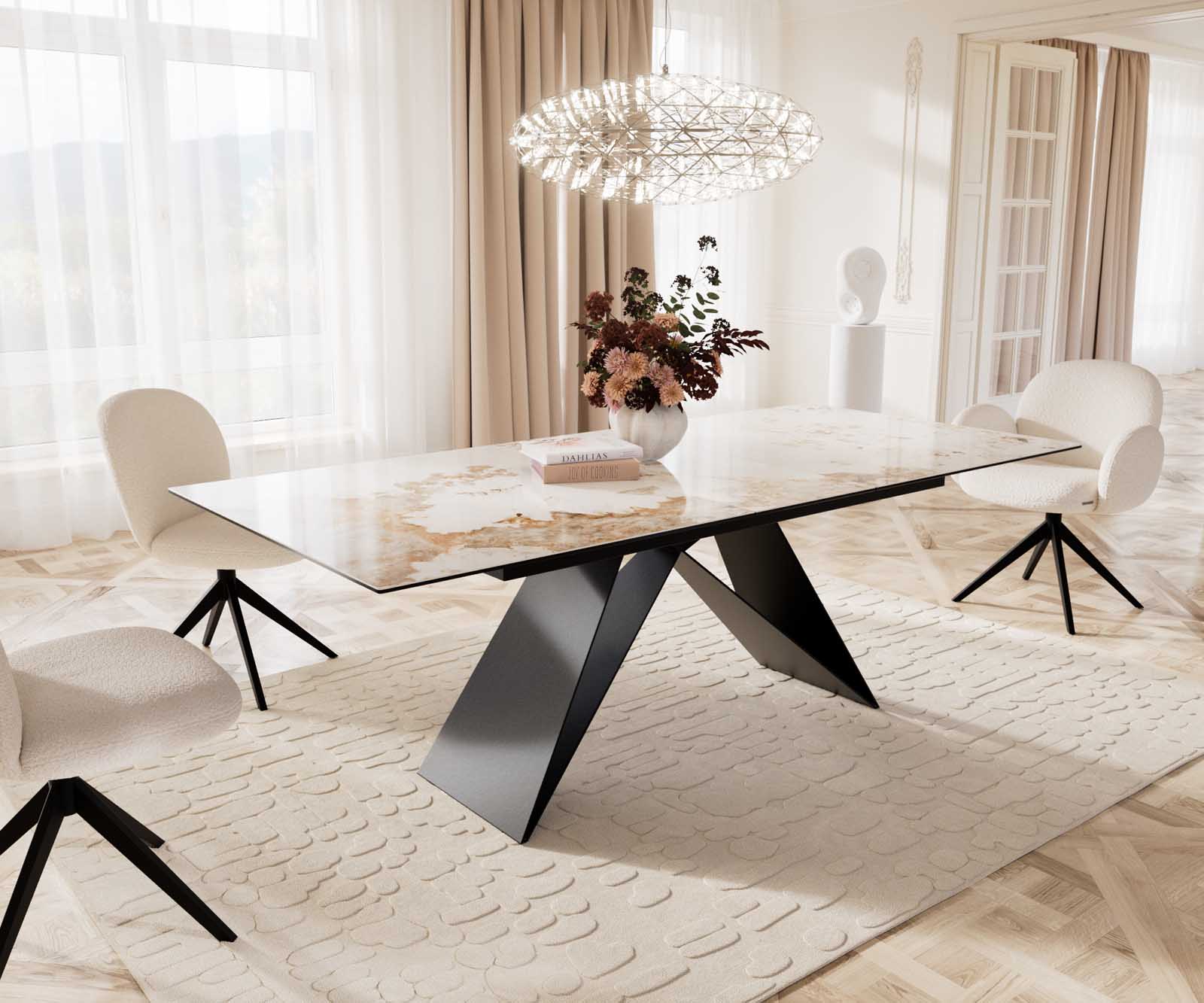 Eetkamertafel Edge 180-220x100 keramiek Minas Melange wit-beige V-frame vlak staal zwart uitschuifbaar Eetkamertafel Edge 180-220x100 keramiek Minas Melange wit-beige V-frame vlak staal zwart uitschuifbaar