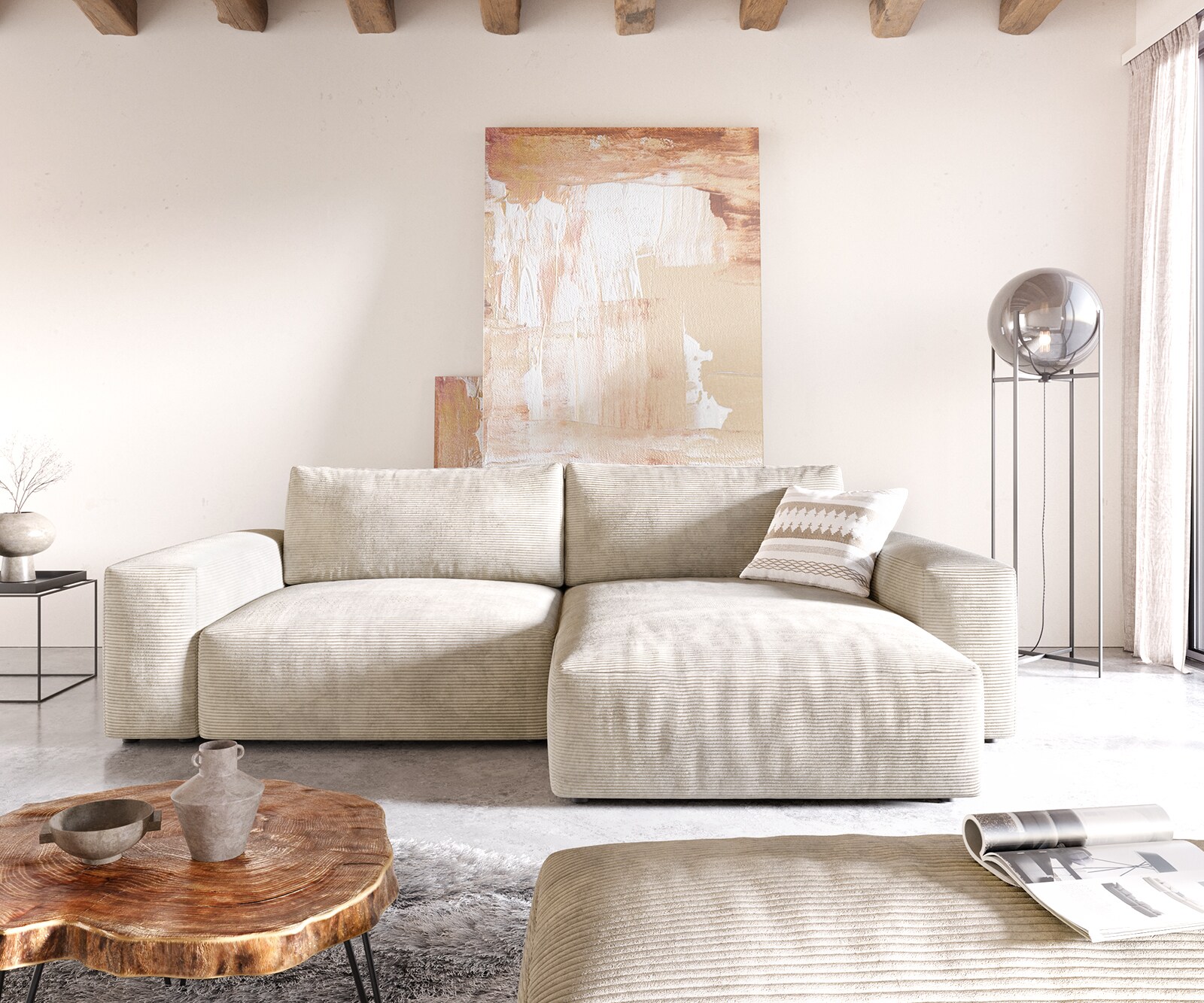 Hoekbank Lanzo XL 270x180 cm Cord Beige Recamiere variabel met poef 1