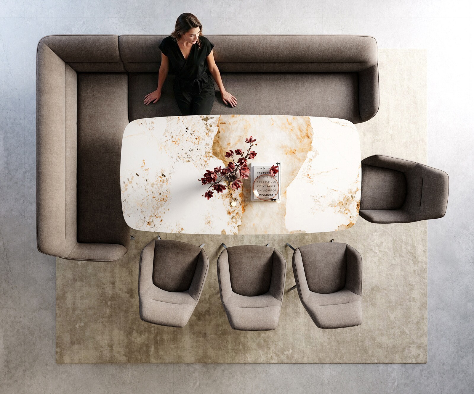 Eetkamerbank Taya-Flex 285x190 cm zachte stof met structuur taupe hoekig kruisframe grafiet pocketvering links 6