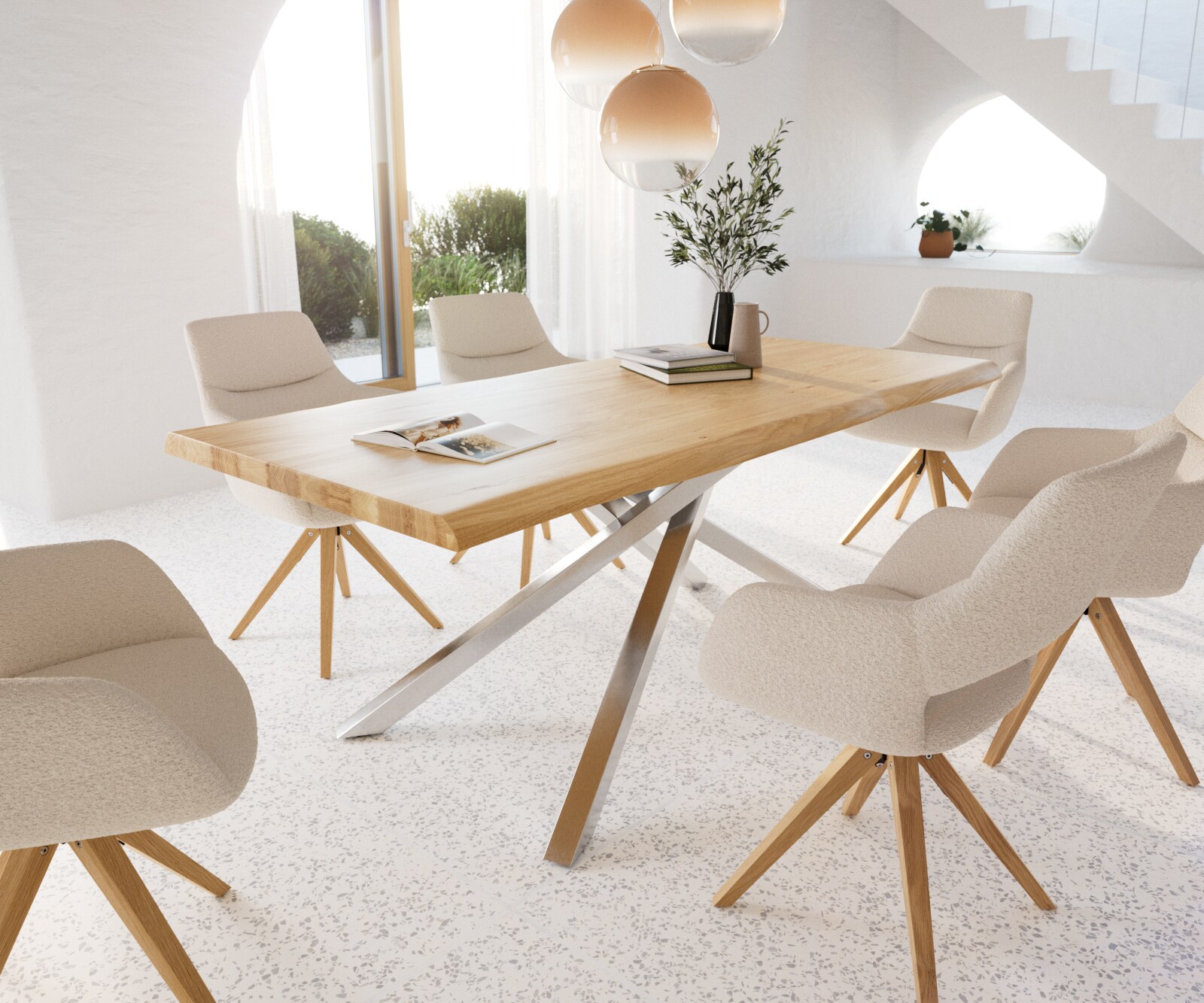 Eettafel Edge 200x100 eiken natuur kruisframe rechthoek roestvrij staal  Live-Edge gelakt 6 Eettafel Edge 200x100 eiken natuur kruisframe rechthoek roestvrij staal  Live-Edge gelakt 6