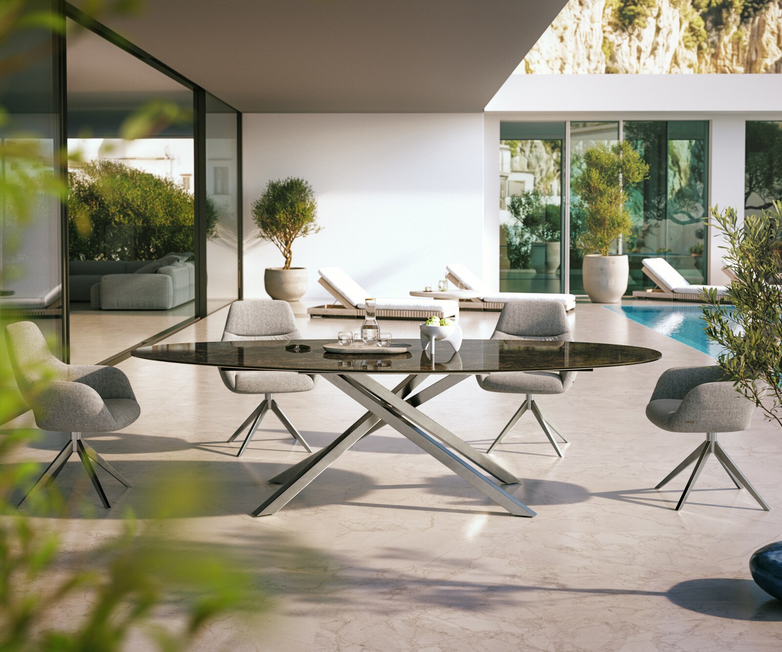 Outdoortafel Edge Ovaal 280x130 cm keramiek Laminam® Emperador Extra Lucidato donkerbruin kruispoot rechthoekig roestvrij staal 2