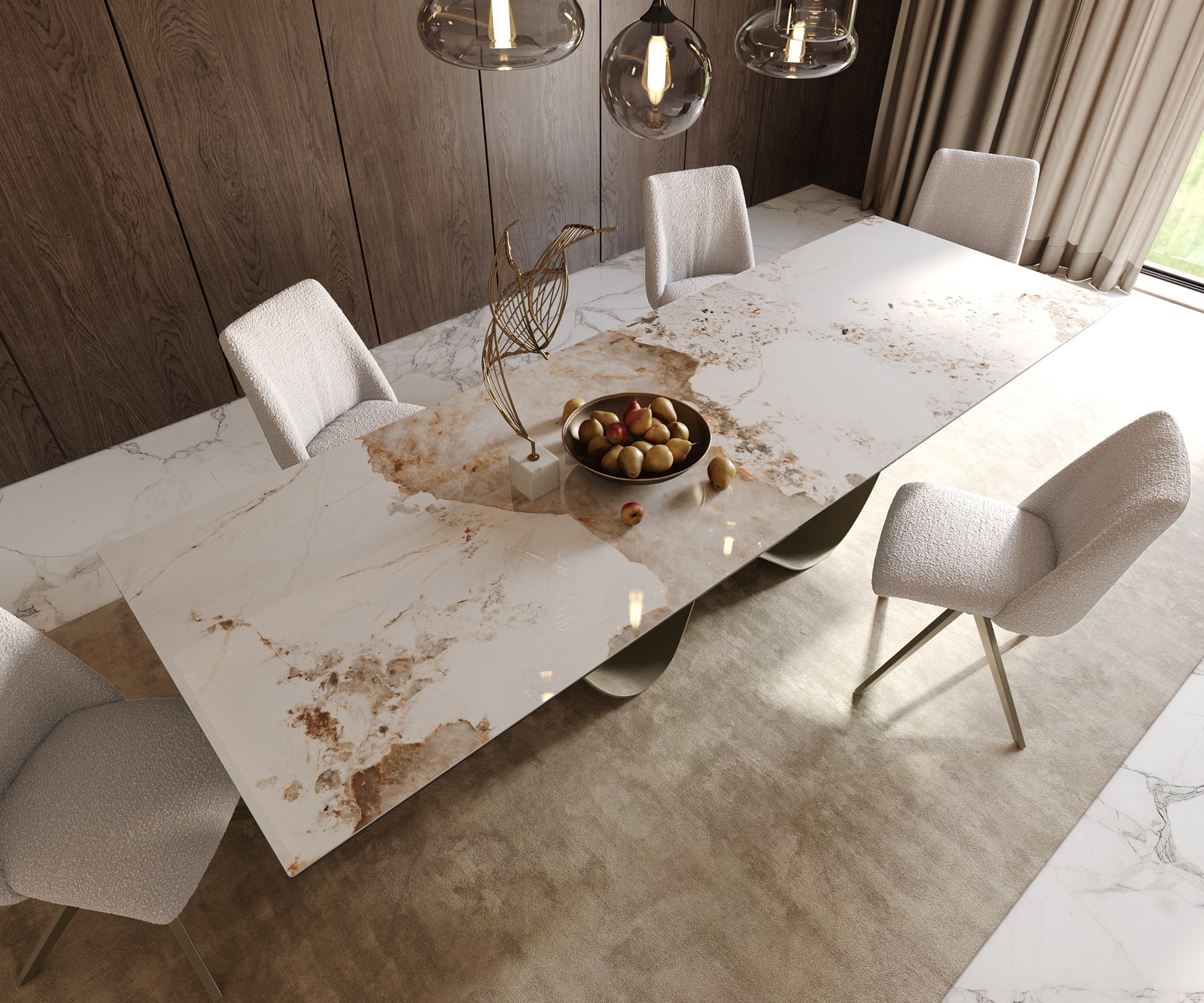Eettafel Edge 300x100cm keramiek Minas Melange wit-beige Infinity metaal effect afwerking titanium 6