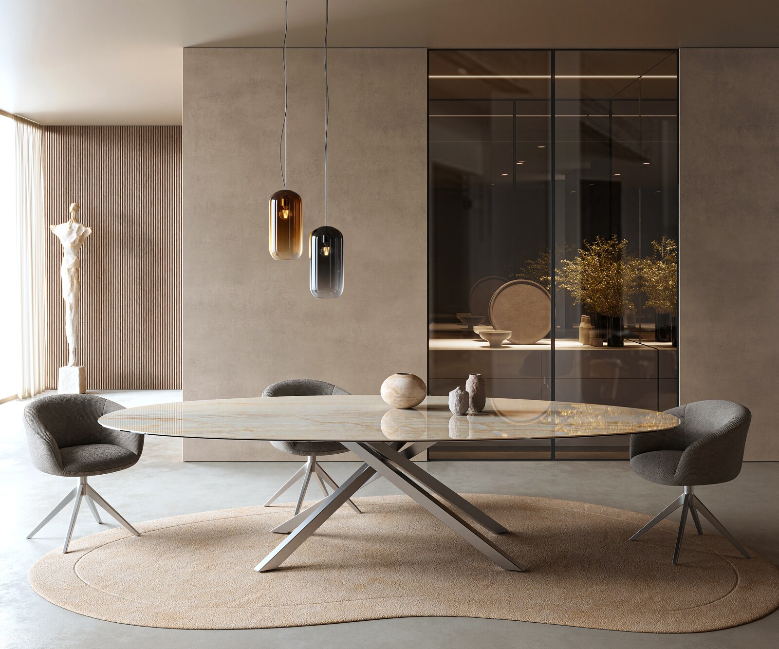 Eetkamertafel Edge Oval 315x150 cm Keramiek Iris FMG Onice Oro kruisonderstel Rechthoek Roestvrij staal 2