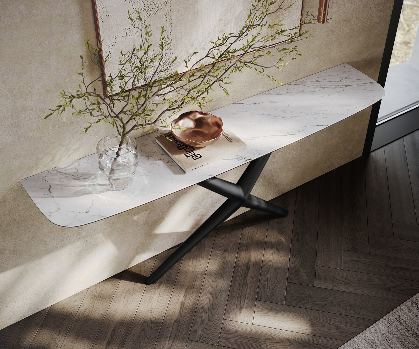 Consoletafel Edge Bootvorm 180x40 cm Keramiek Laminam® Statuarietto Weiß Estelo Metaal Zwart 2
