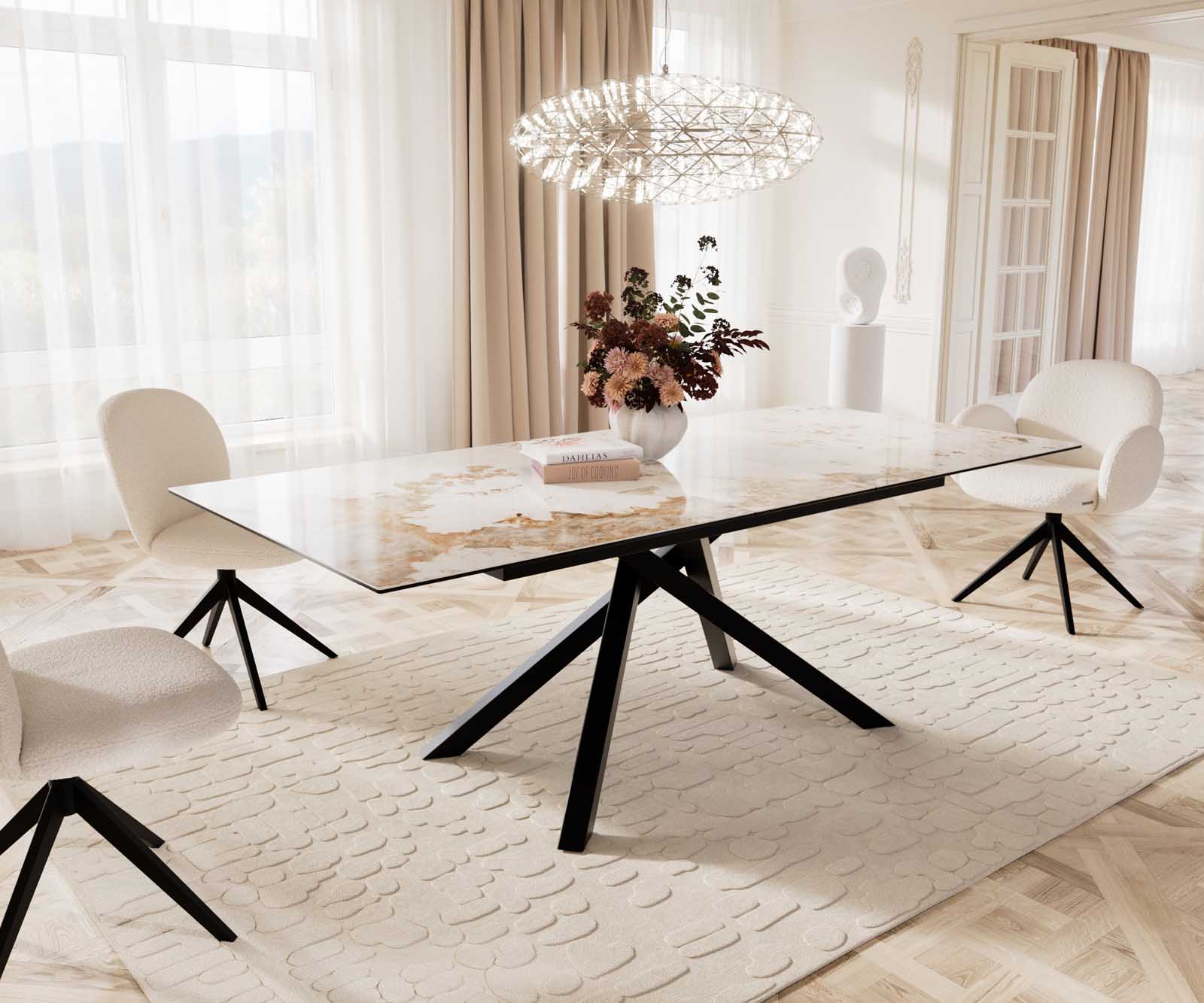 Eetkamertafel Edge 180-220x100 keramiek Minas Melange wit-beige kruisframe rechthoek zwart uitschuifbaar