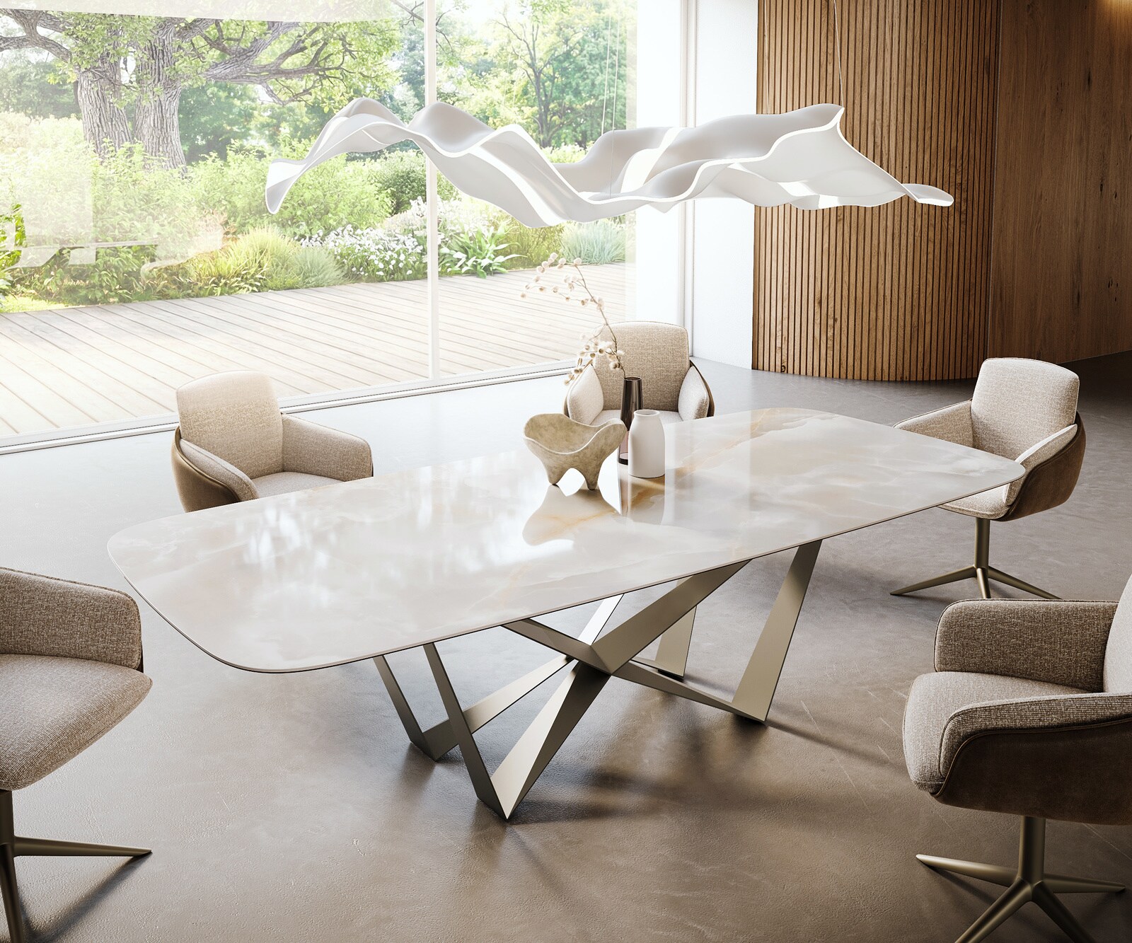 Eetkamertafel Edge Boot 270x120 cm Keramiek Iris FMG Onice Grigio Spider Metaal Effectafwerking Titan 1