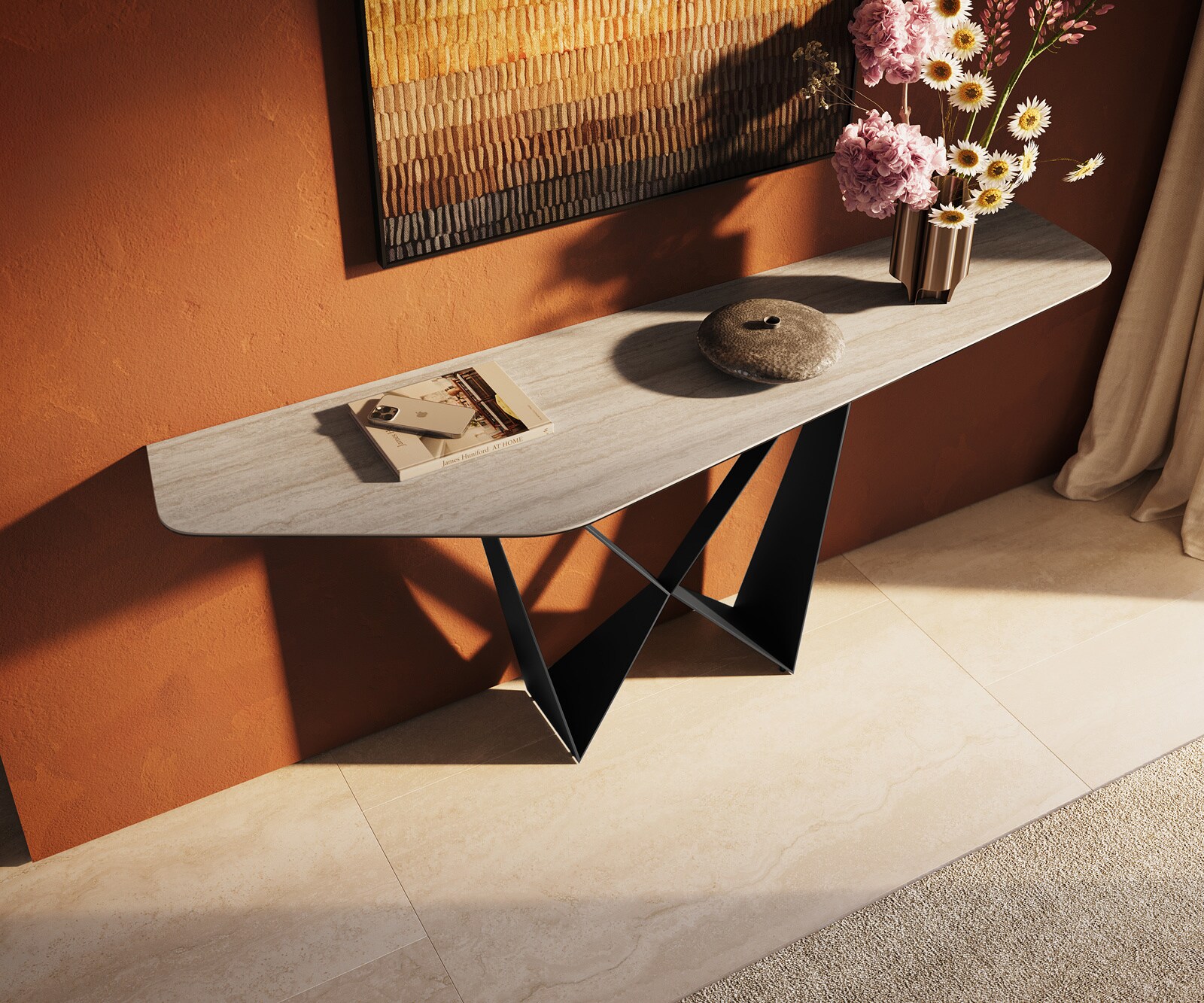 Consoletafel Edge Polygonaal 180x50 cm Keramiek Laminam® Travertino Bianco Creme-Weiß Spios Metaal Zwart 2