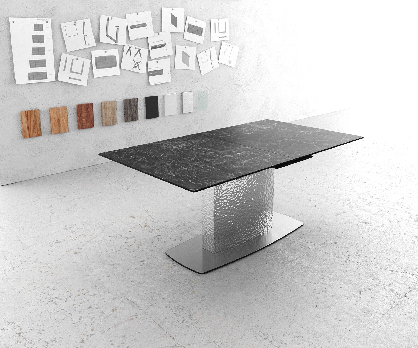 Eetkamertafel Edge 180-220x100 keramiek Laminam®Nero Greco grijs Wave RVS uitschuifbaar 1