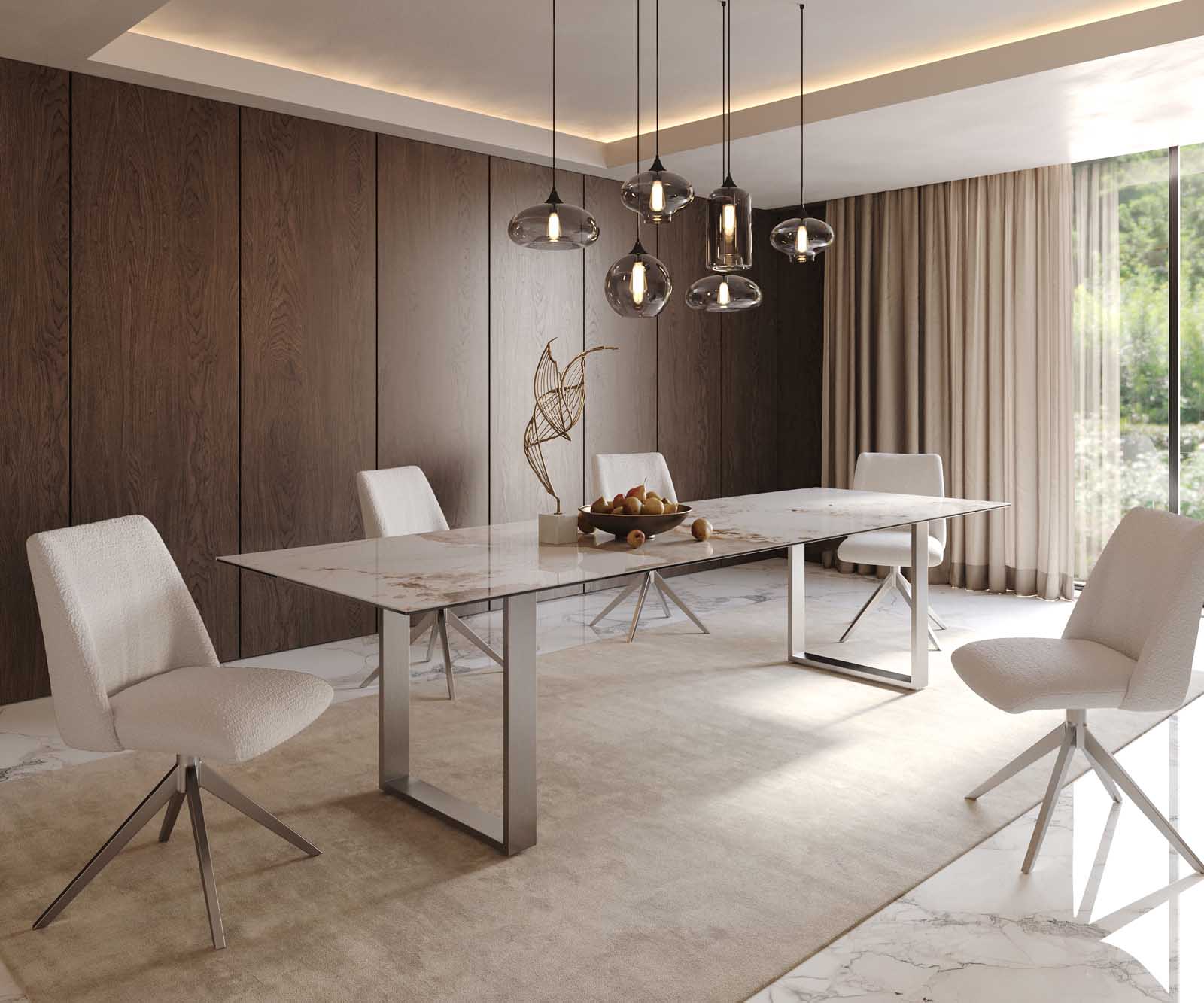 Eetkamertafel Edge 300x100 keramiek Minas Melange wit-beige RVS Schmal 8