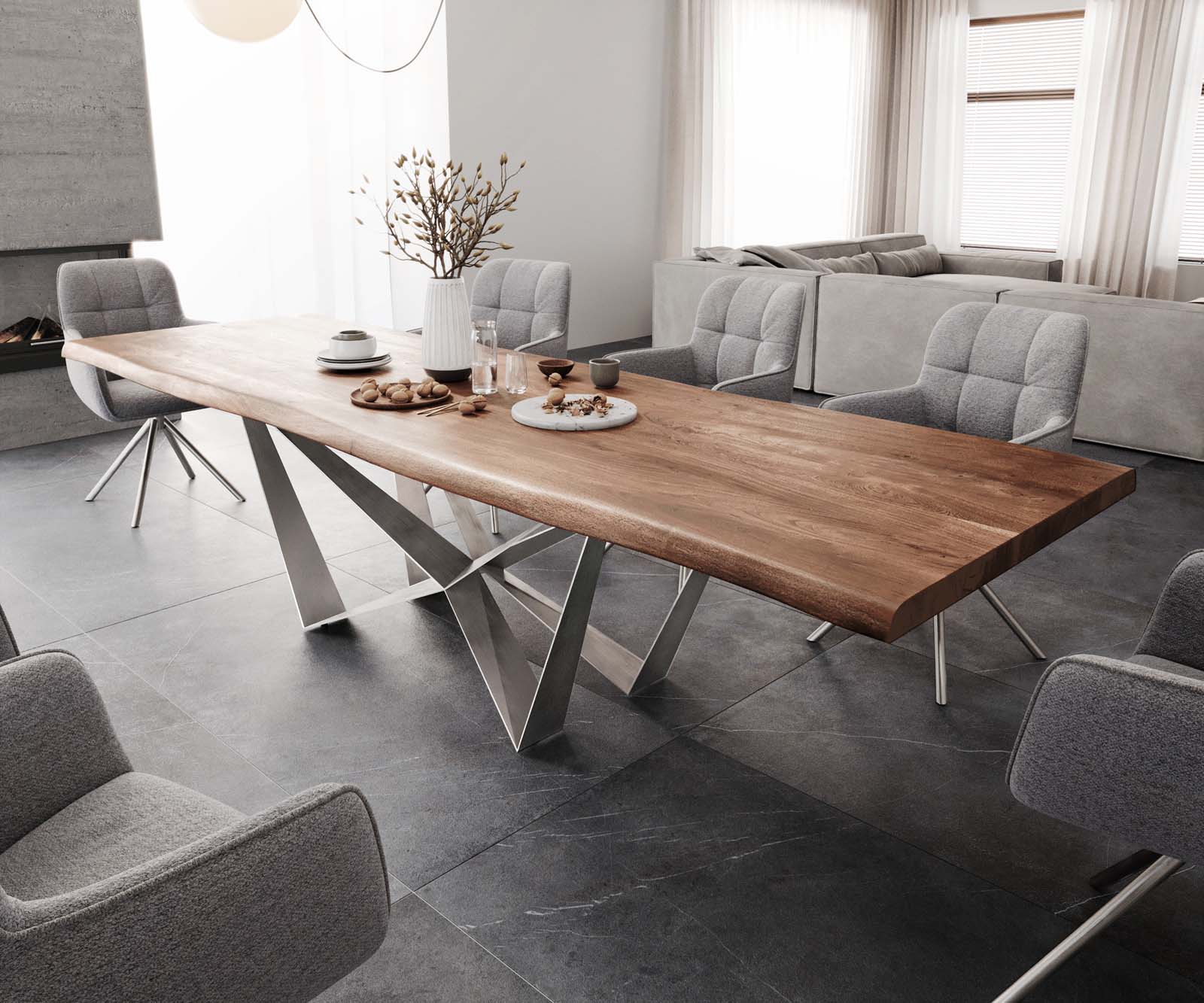 Eettafel Edge 300x100 XL acacia bruin Spider vlakstaal edelstaal Live-Edge 1