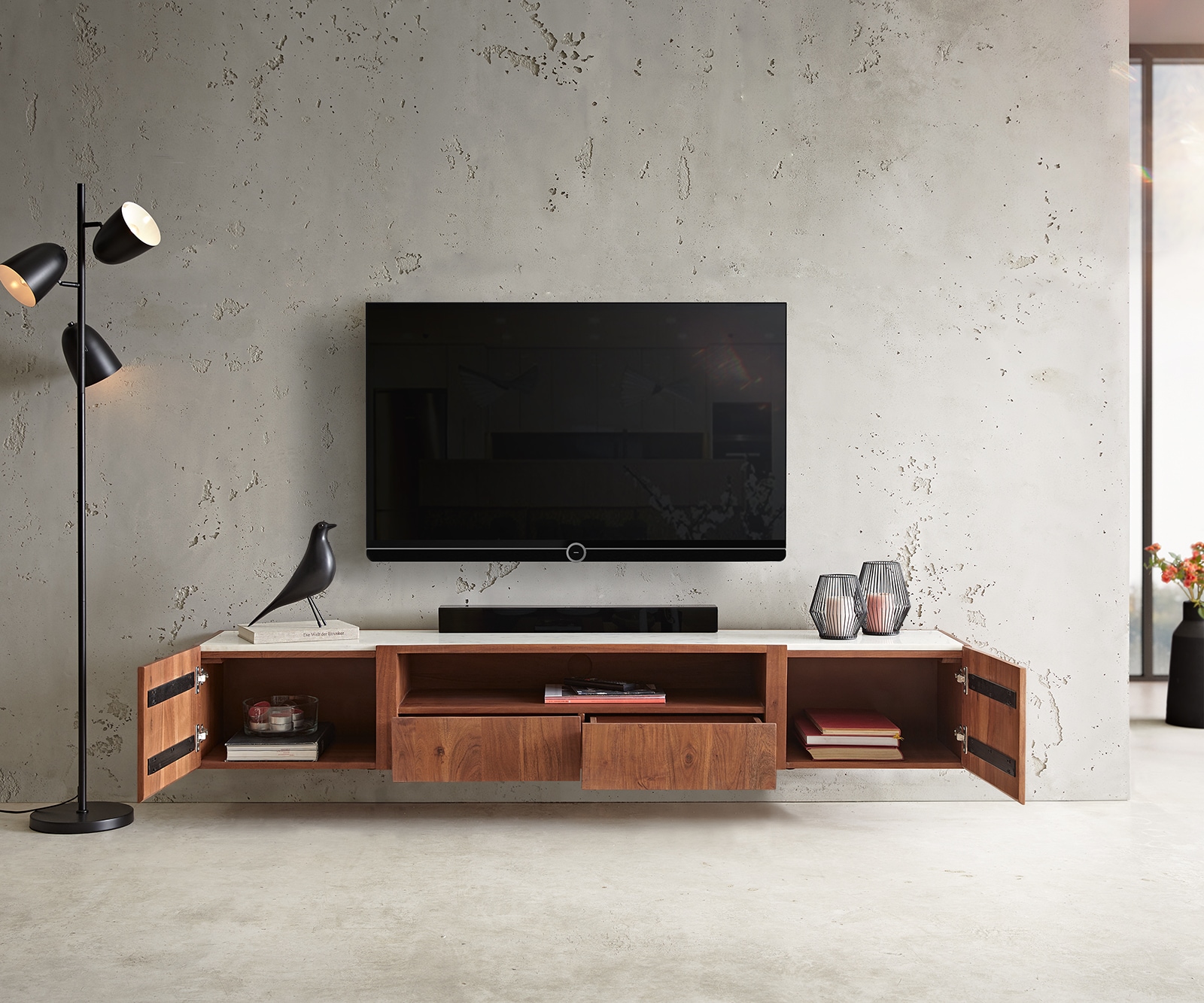 TV-meubel Secara 200 cm acacia bruin 2 deuren 2 laden marmer zwevend 3 TV-meubel Secara 200 cm acacia bruin 2 deuren 2 laden marmer zwevend 3