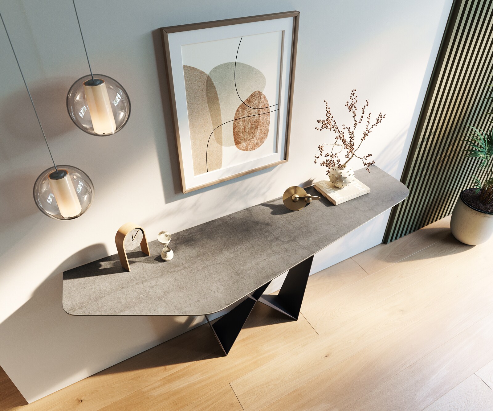Consoletafel Edge Polygonaal 180x50 cm Keramiek Betongrijs Spios Metaal Zwart 2