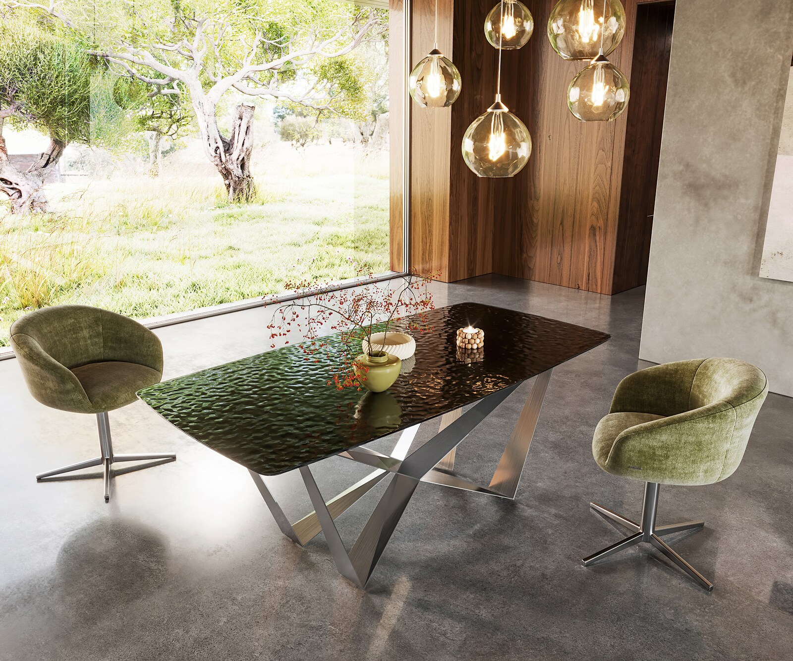 Eetkamertafel Edge Boot 200x100 Glas smelten rokerig zwart 3D-Relief spider vlak staal RVS